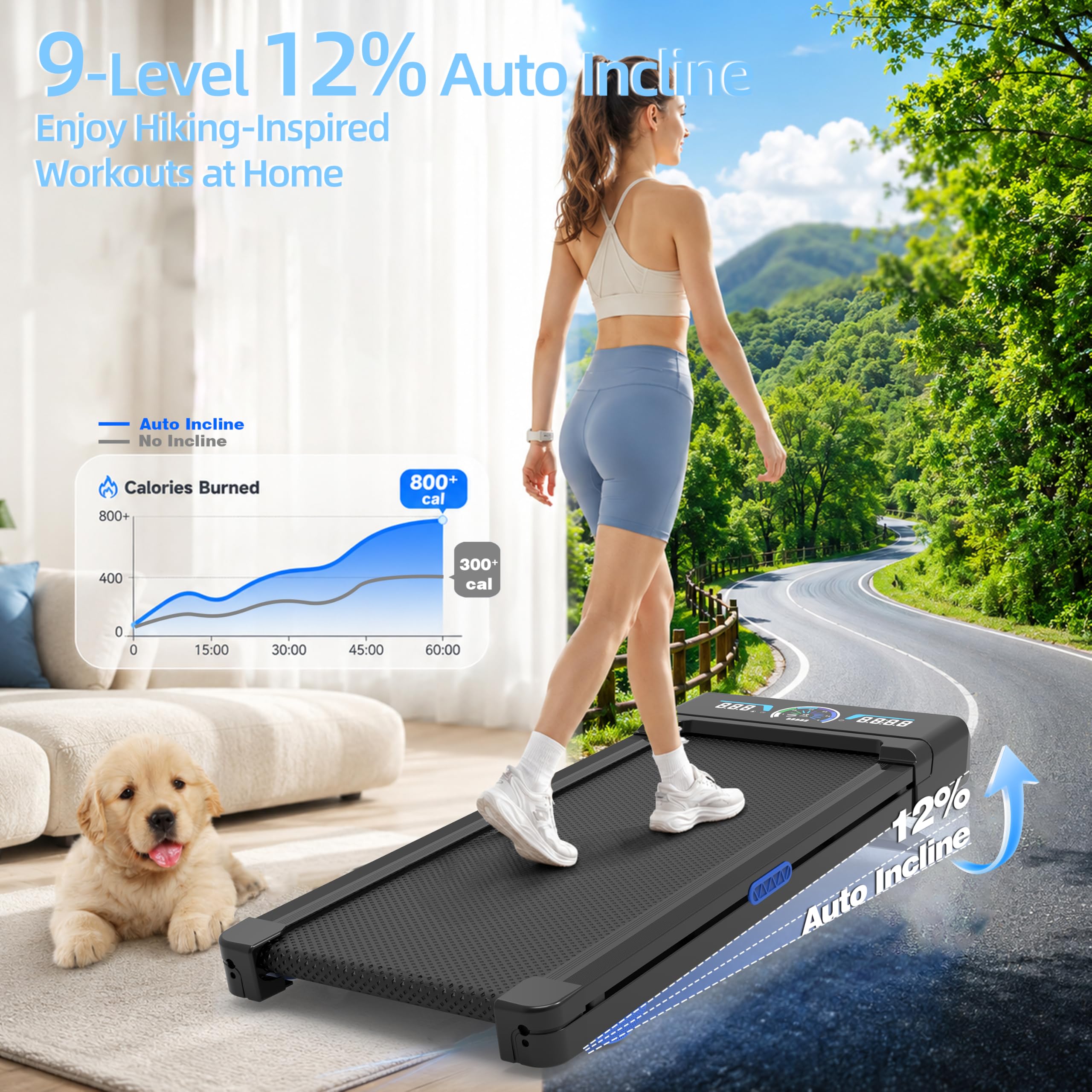 Walking Pad Treadmill 12% Auto Incline, Under Desk Treadmill, Blue view 2