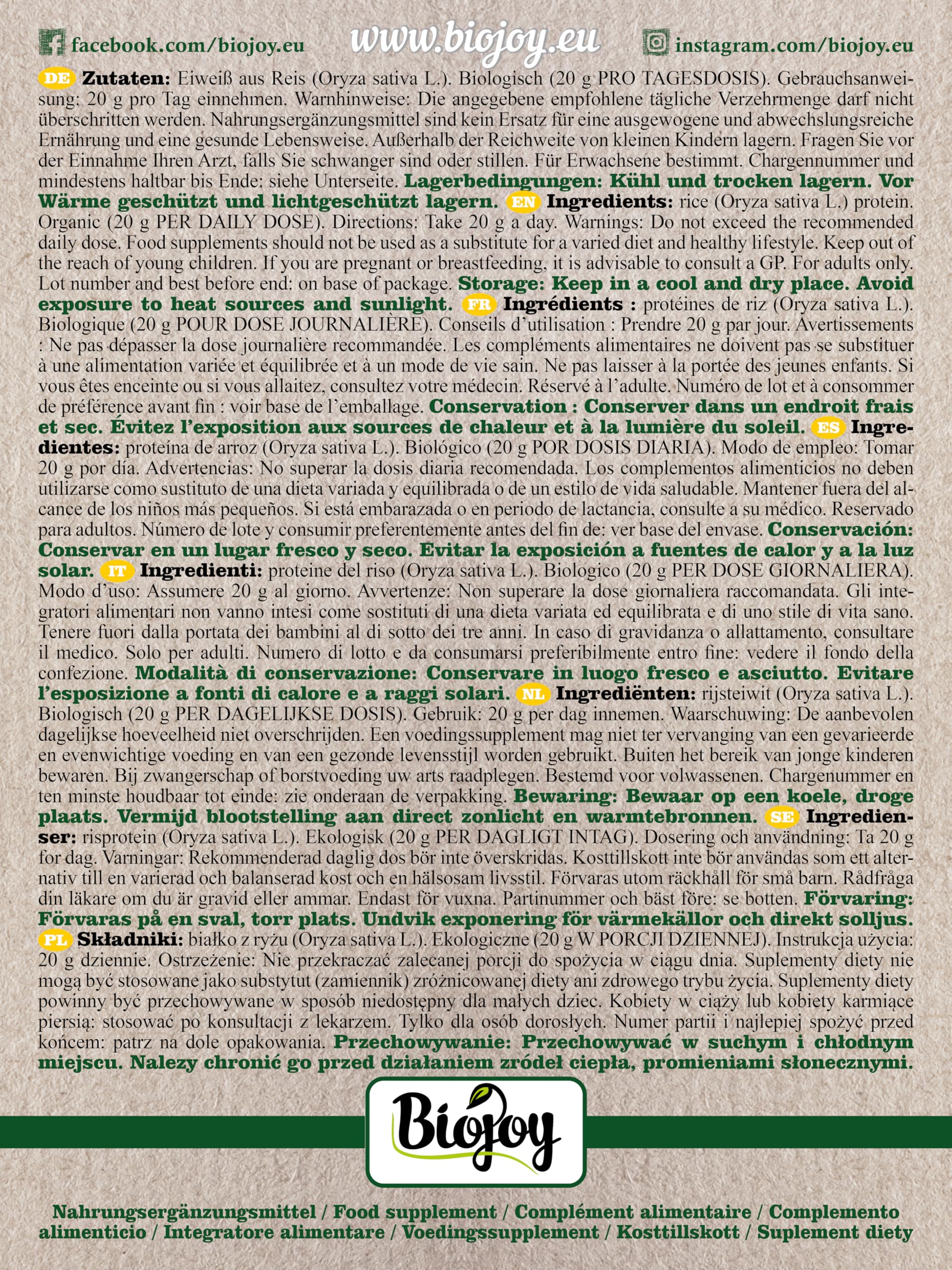 Biojoy Organiczne Białko ryżowe w proszku (1 kg), 85% białka, bez dodatków (Oryza sativa L.)