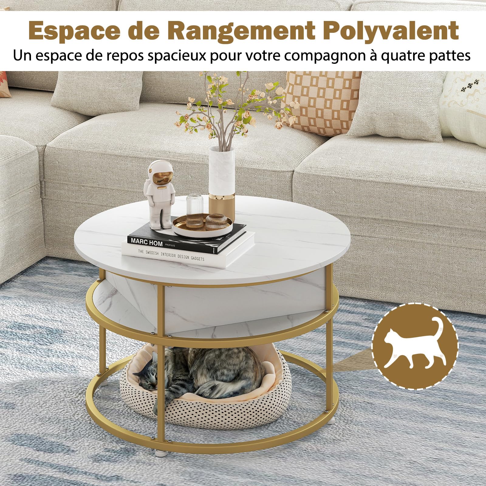GOPLUS Table Basse Ronde Relevable, Table de Salon Marbre Imité avec Plateau Relevable, Espace Caché, 4 étagères Latérales, Pieds Réglables, 2 Niveaux avec Effet Marbre, pour Maison Bureau, Doré
