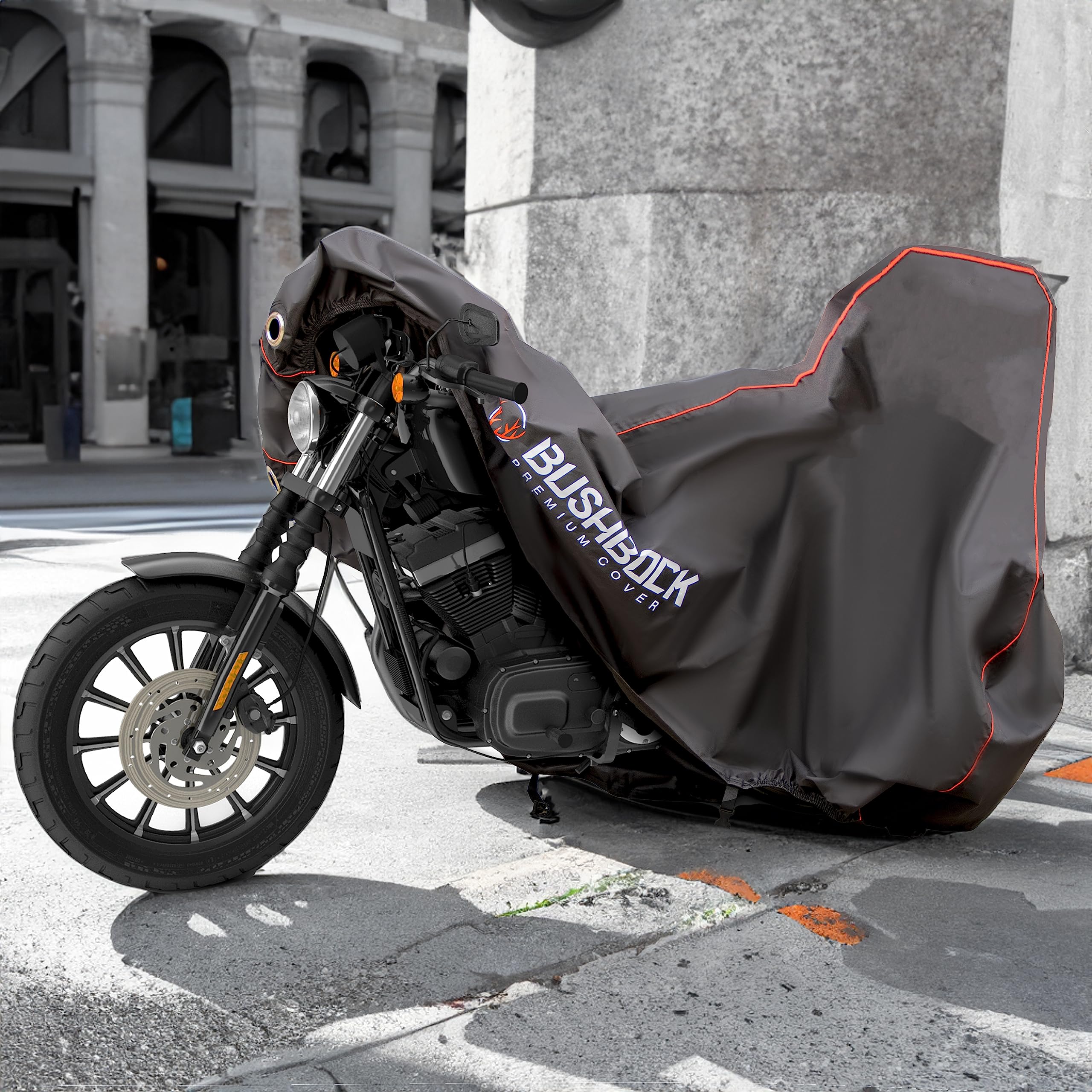 BUSHBOCK® Premium Abdeckplane für Motorräder/Motorroller mit Topcase - Kein Aufreißen mehr! - wasserdichte Abdeckhaube - Motorradplane