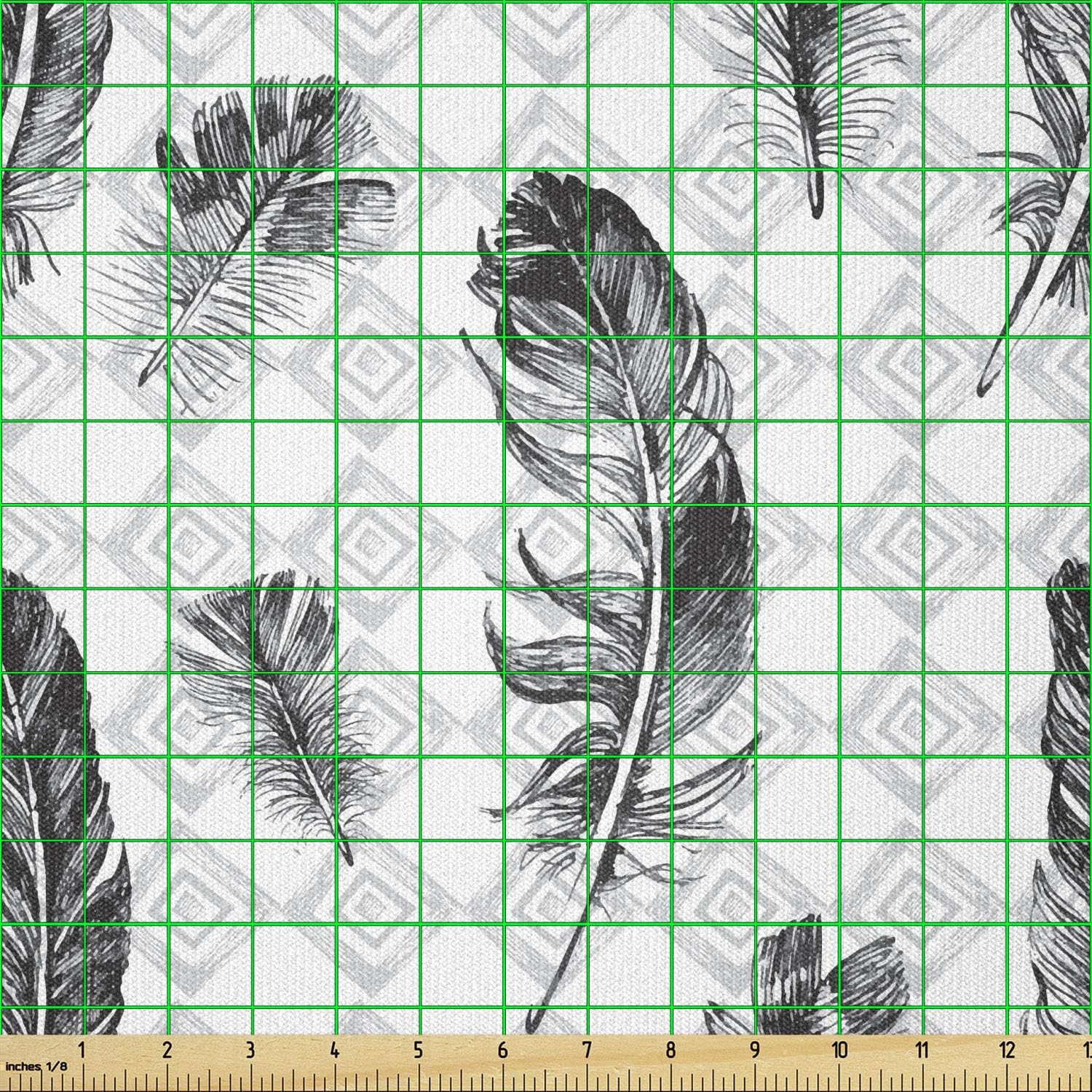 Ambesonne Feather Fabric by The Yard, Faded Geometric Backdrop Nested Squares Mosaic Pattern Fluffy Wings Fly, Stretch Knit Fabric for Clothing Sewing and Arts Crafts, 3 Yards, Black White Pale Grey