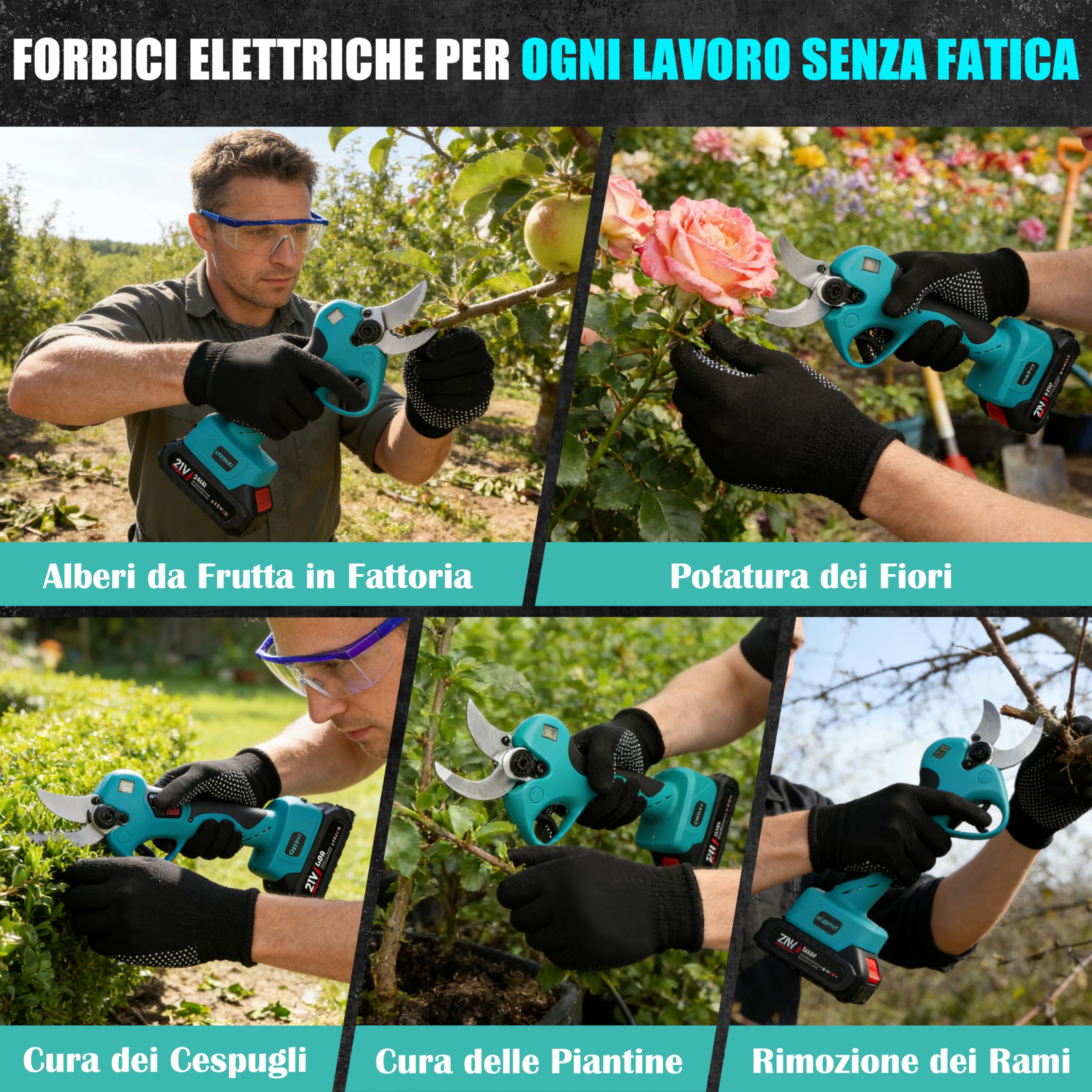 Forbici Potatura Elettriche, 60mm Cesoie Potatura Elettriche Professionali con Lama in Acciaio SK5 800W Motore Brushless Schermo LCD, Forbice Elettrica per Giardino Fattoria (Con Batteria)