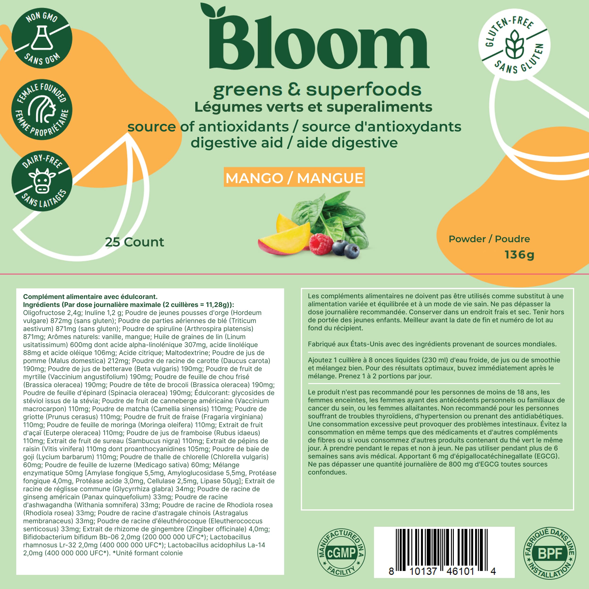 Bloom Superfood Powder Women - mangue - Avec probiotiques, enzymes, spiruline, chlorella - Favorise la santé intestinale, la désintoxication et l'énergie - Anti-bloating - 25 portions - Smoothie Boost