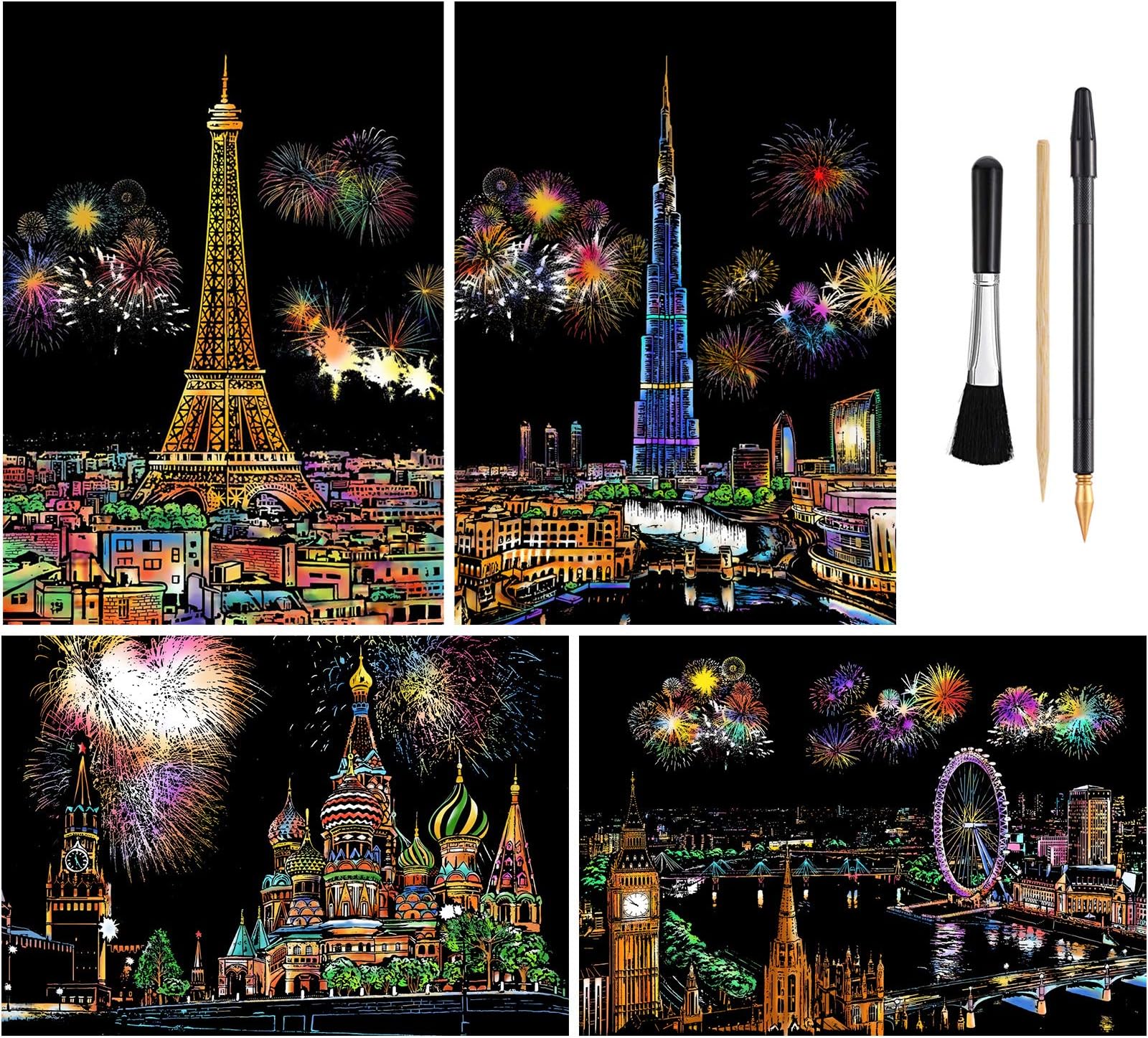 4-Sheet Rainbow Scratch Art Set for Adults & Teens, A4 City Landmarks
