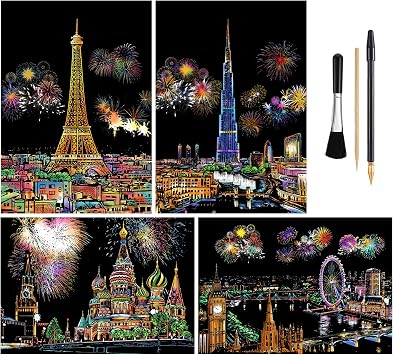 4-Sheet Rainbow Scratch Art Set for Adults & Teens, A4 City Landmarks