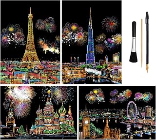 Rainbow Scratch Art Painting Paper (A4) for Kids & Adult, Night View Scratchboard, Engraving Art Set: 4 Sheets Scratch Cards & Drawing Pen, Clean Brush (Eiffel Tower / Big Ben / Burj Khalifa / Moscow)