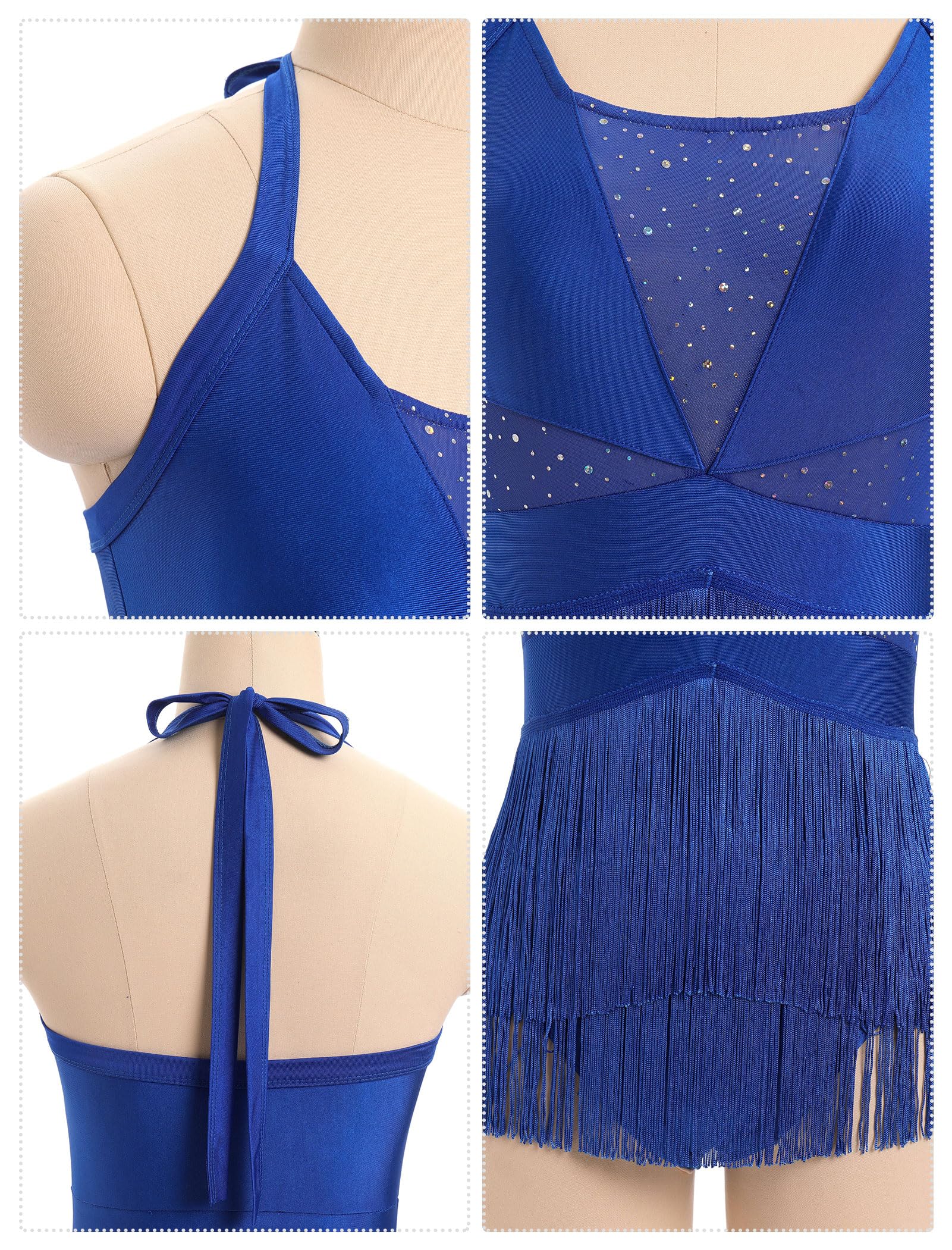 Disfraz de danza latina con lentejuelas con flecos para mujer, con borla brillante, camiseta de danza, soporte para cuello, tangos latinos, salsa, jazz, acrobacias