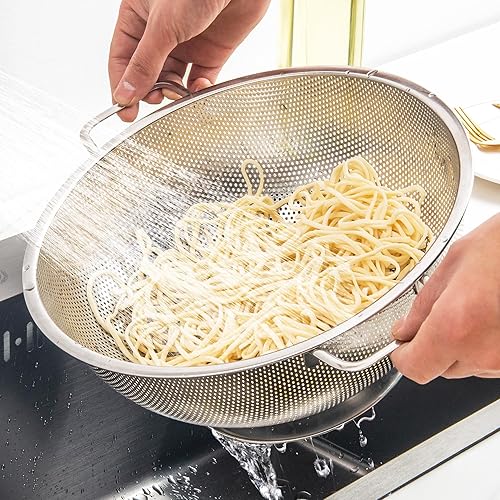 Miniatura 5 de Colador de acero inoxidable de 3 cuartos de galón, colador de cocina para pasta, frutas y verduras, apto para lavavajillas