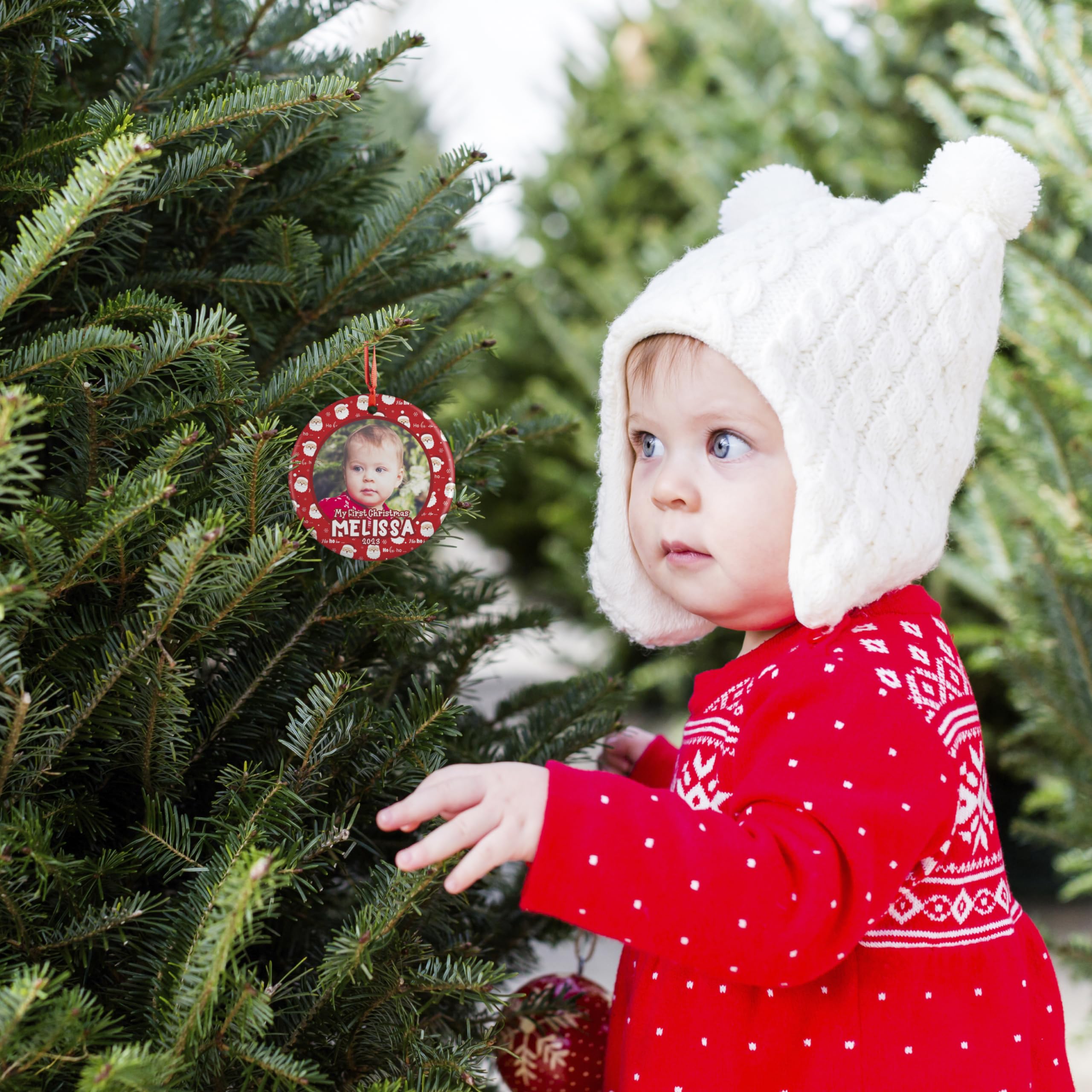 Babys First Christmas 2023, Personalized Photo Ornament, 3 Inches - Round - Upload Photo - Custom W/Name - My First Christmas Photo Baby Ornament, Christmas Ornament for Newborns - D6