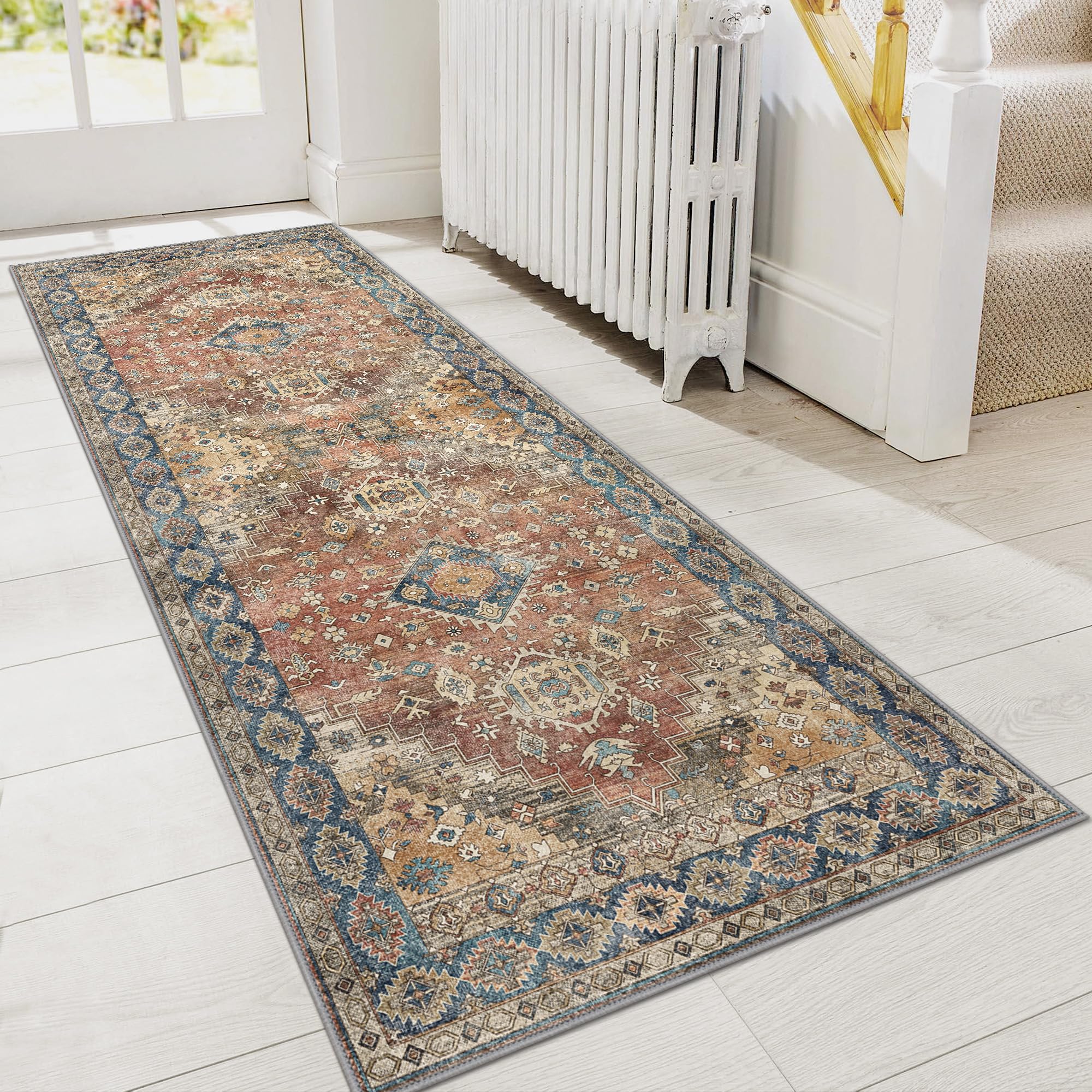 GENIMO Teppichläufer 5' X 8' – Rutschfest, Maschinenwaschbar, Boho-Vintage Design In Rot, Für Flur, Küche, Esszimmer