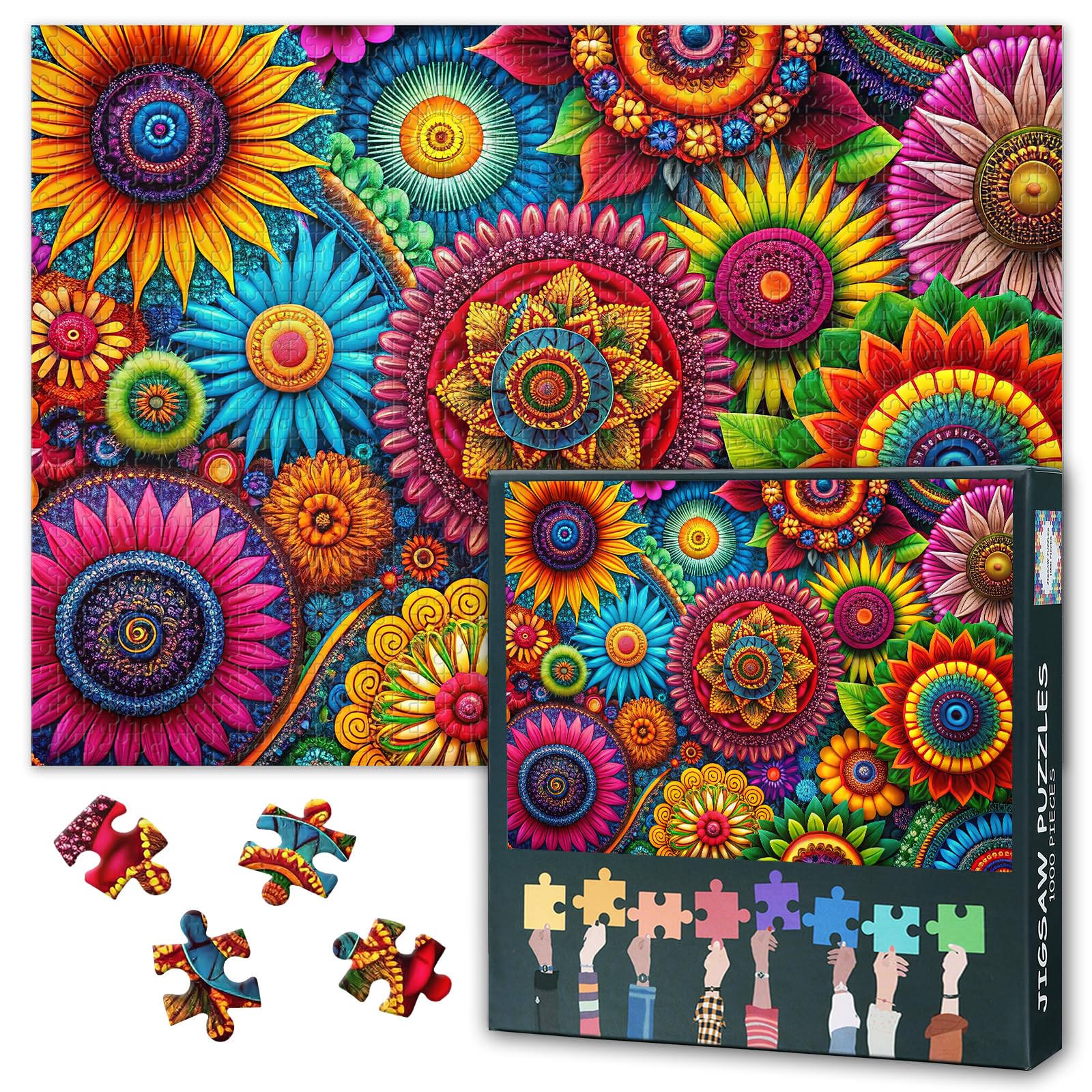 Puzzles for Adults Mandala Flower, Jigsaw Puzzles for Adults 1000 - Abstract Colorful Blooming Floral Art, Hard Impossible Puzzle 27.5x19.7 Inch, Educational Games for Family Birthday Party — image 1