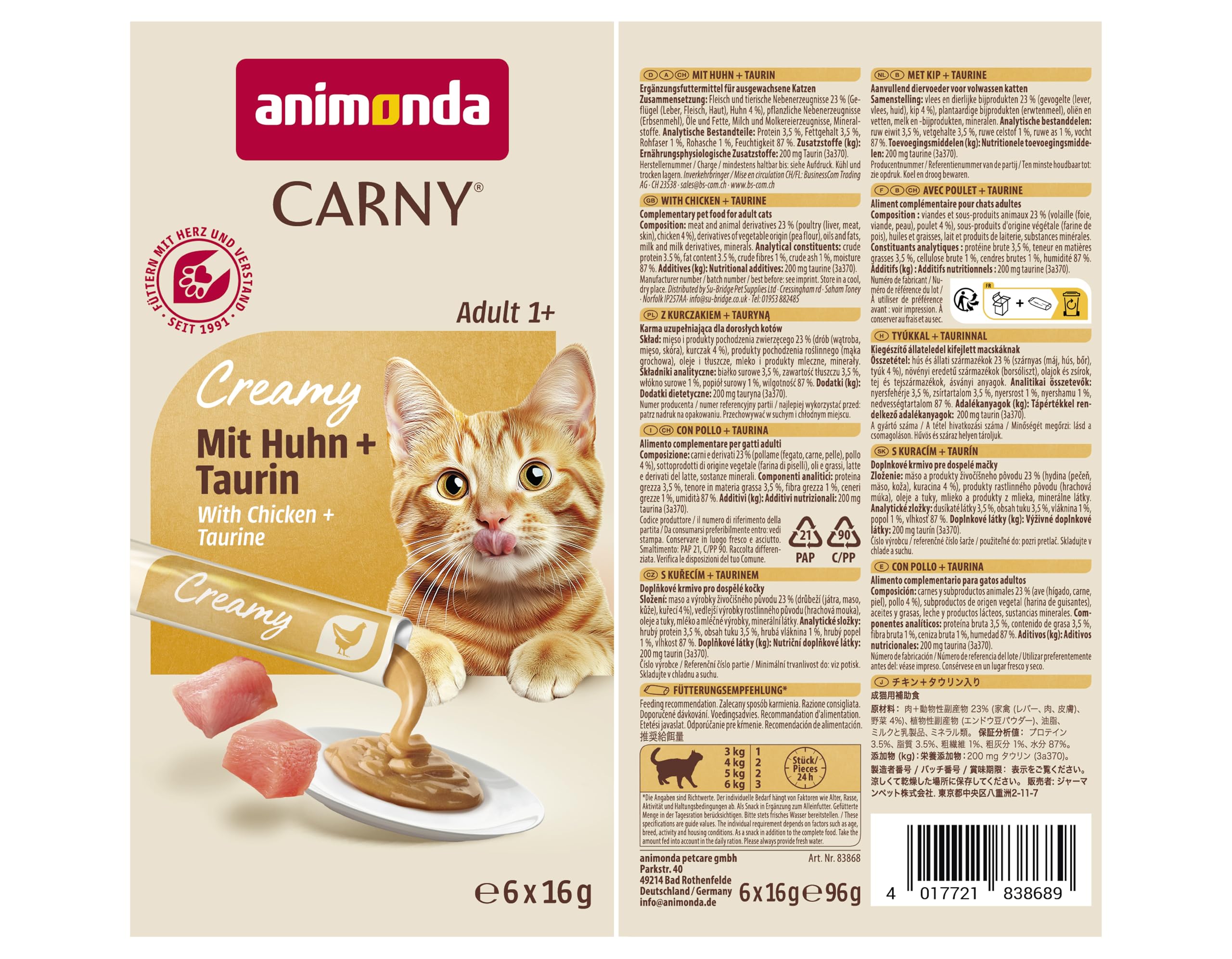 Animonda Carny Creamy Adult Karma dla Kotów, Kurczak/Tauryna, 9 x 15 g