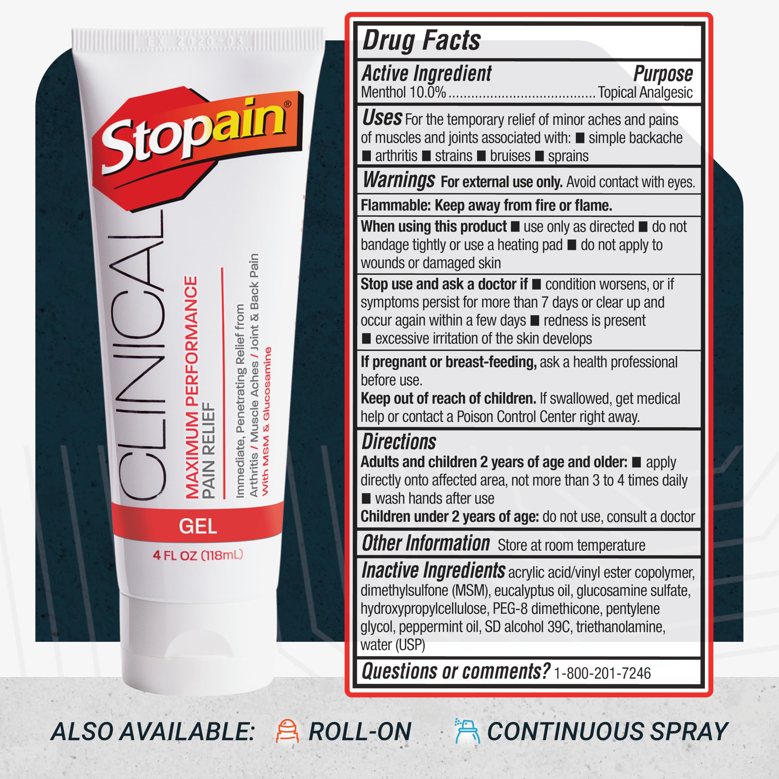 Stopain Clinical 10% Menthol Pain Relief Gel (4 oz Tube), Professional Strength Topical Analgesic for Back, Knee, Joint and Arthritis Pain Relief, Made in USA — Amazon image 7