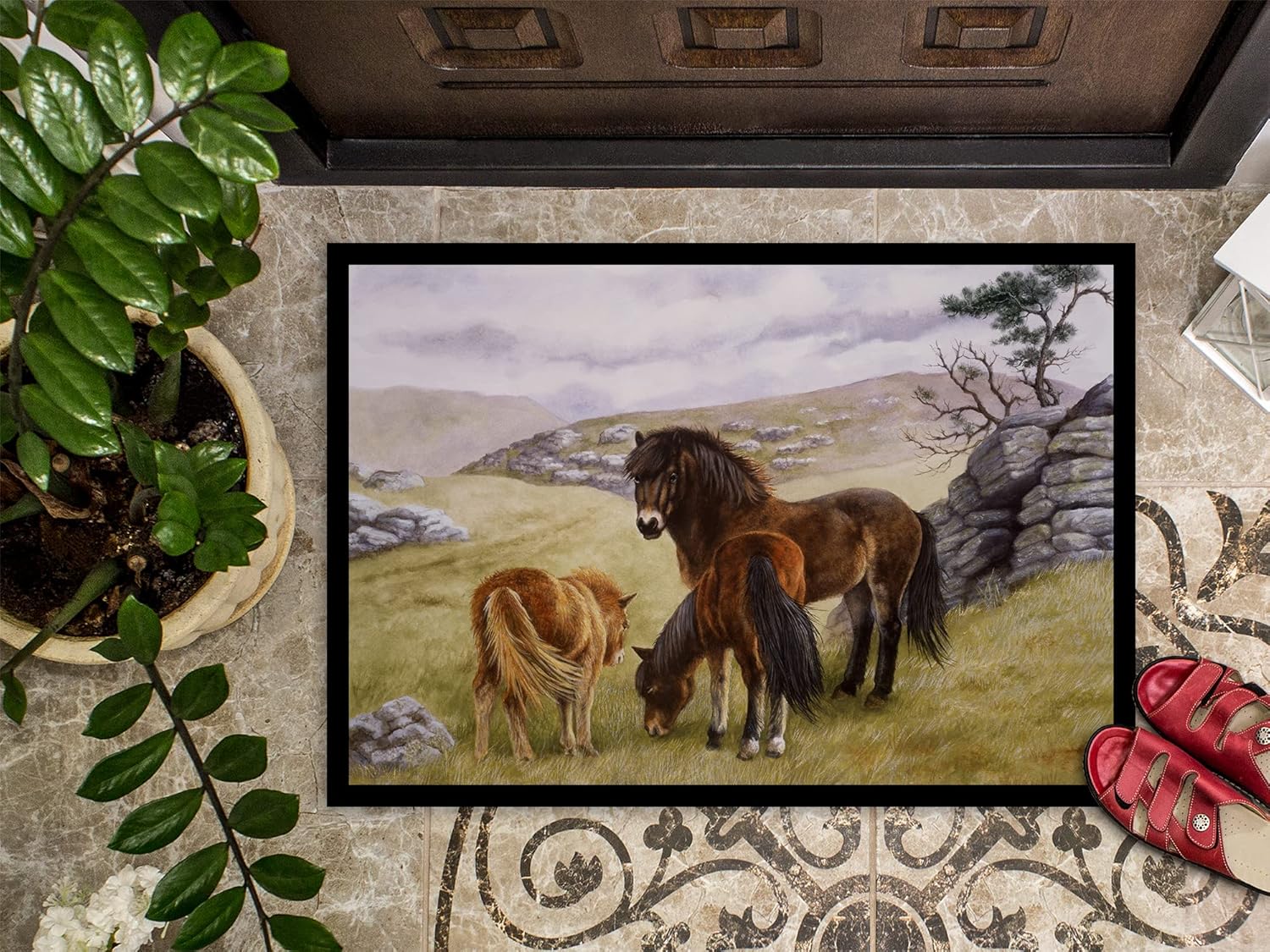 Caroline's Treasures BDBA0189MAT Horses in The Meadow Doormat 18x27 Front Door Mat Indoor Outdoor Rugs for Entryway, Non Slip Washable Low Pile, 18H X 27W