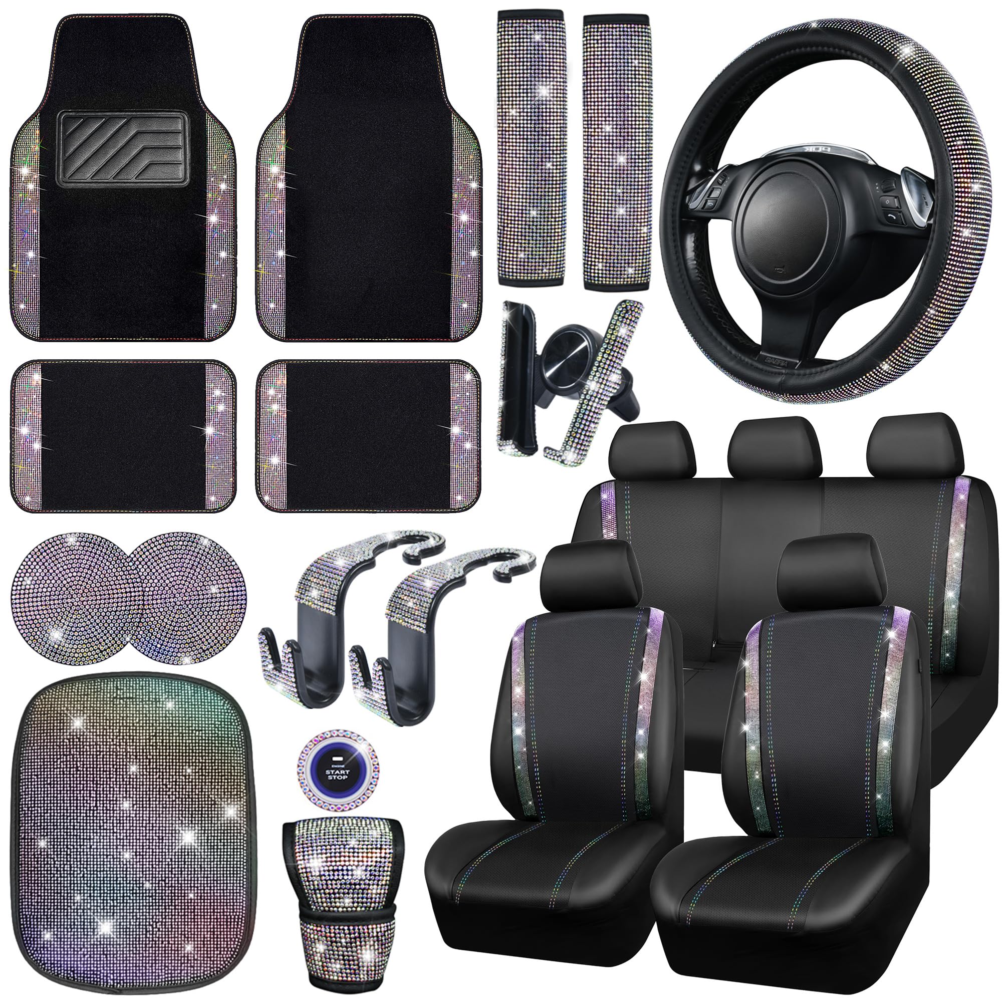 CAR PASS 23 PCS Bling Diamond Car Accessories Set for Women, Leather Car Seat Covers Full Set Sparkly Rhinestone15'' Steering Wheel Covers Shining Diamond Floor Mats Car Interior Sets, Multicolor