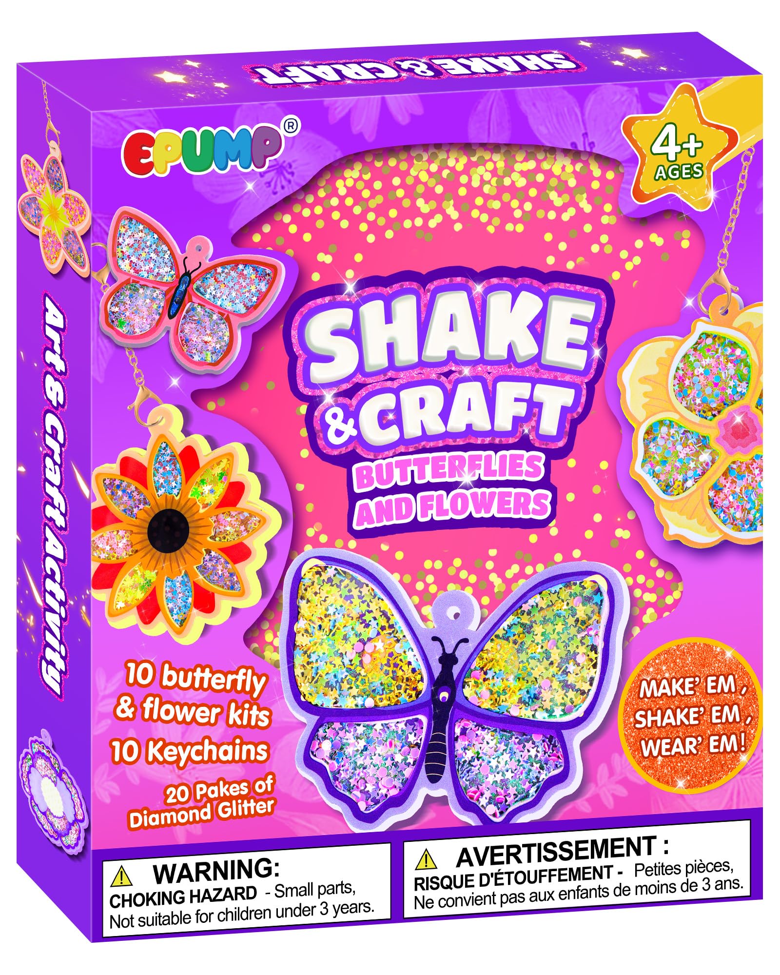 EPUMP DIY Craft Kit for Kids, Keyring Making Kit with Glitter Confetti, Flower & Butterfly Arts and Crafts Toys, Shaker Bag Charms, Creative Handmade Gift for Girls & Boys Ages 4-9 Years