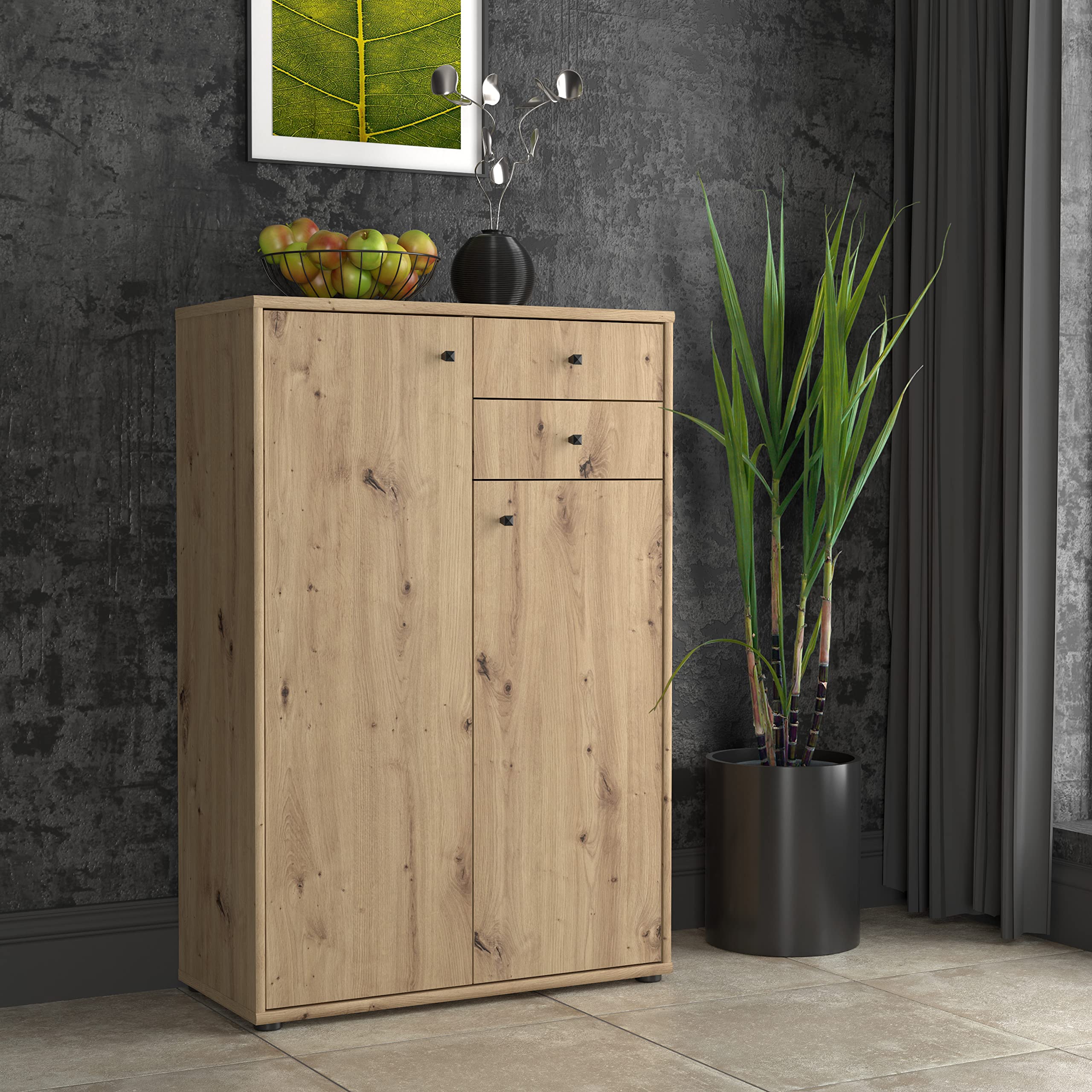 FORTE TEMPRA 2 Kommode mit 2 Türen und 2 Schubladen, Holzwerkstoff, Artisan Eiche Dekor, (B x H x T) 73,7 x 111,1 x 34,8 cm