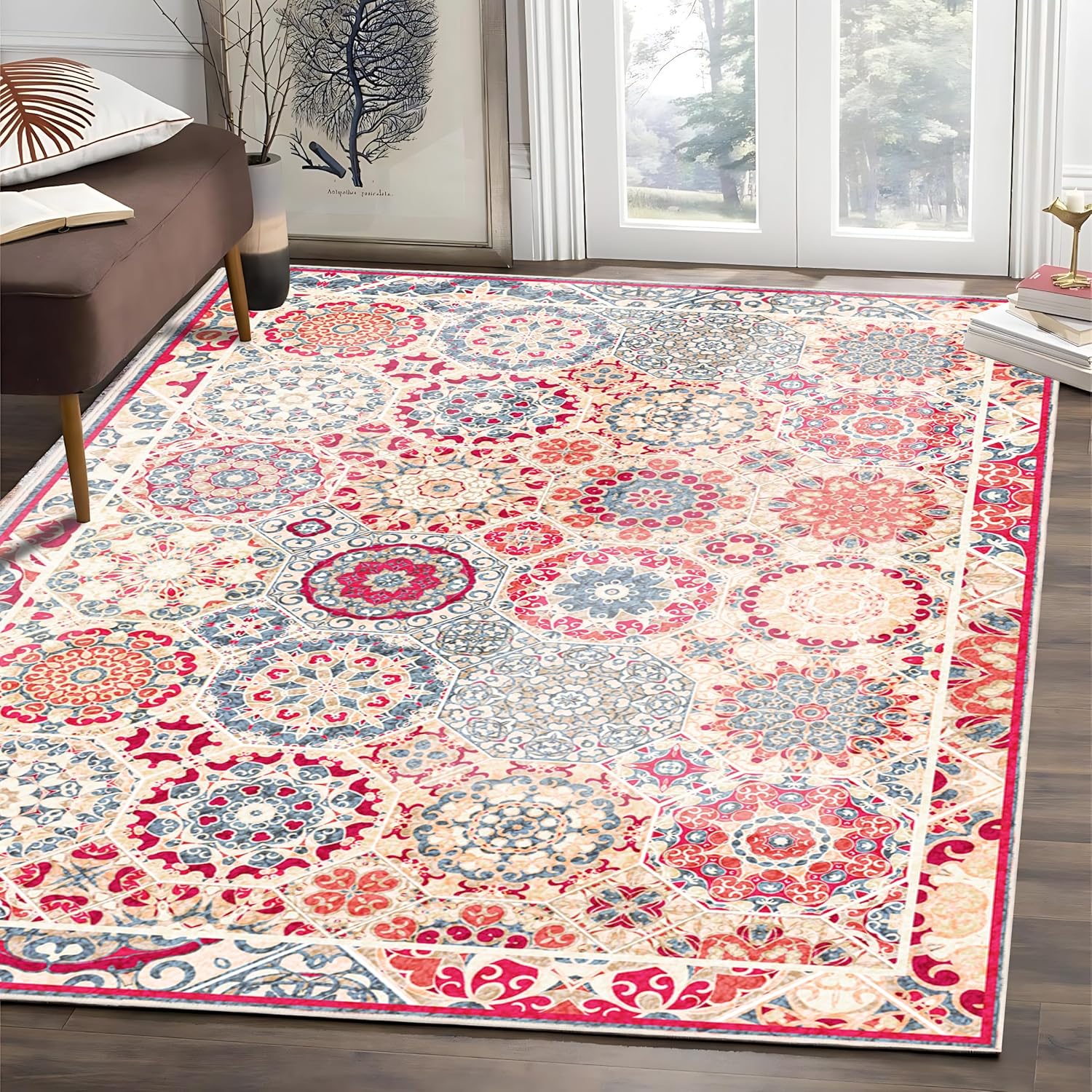 Moroccan 6'x9' Area Rugs for Living Room, Large Washable Low Pile Stain Resistant Soft Carpet, Oriental Trellis Ultra-Thin Bedroom Rug for Dining Room Office Table Apartment(Red, 6X9FT)