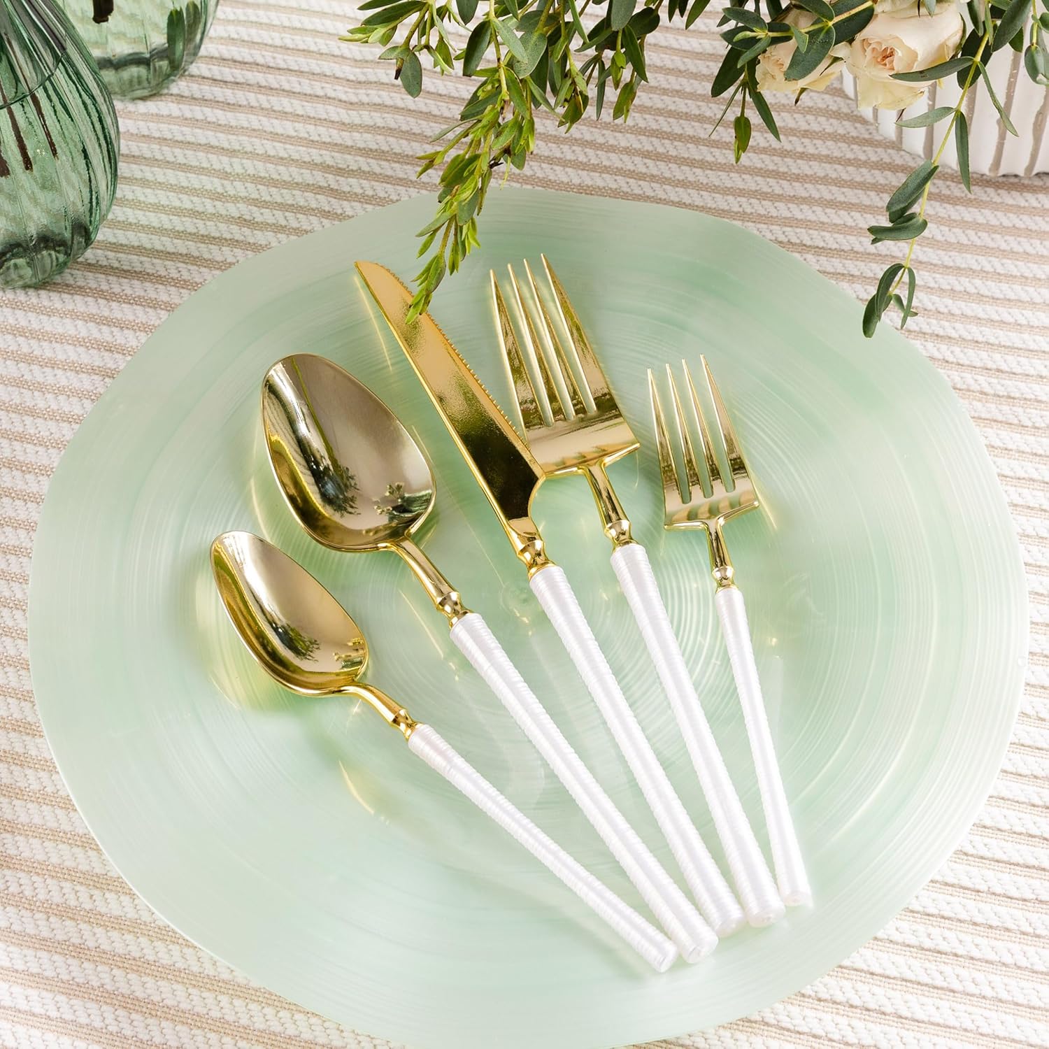 PLASTICPRO 80 Pieces Plastic Silverware Ribbed Elegant Premium Heavy Duty Pearl White & Gold Plastic Cutlery Set, Fancy Disposable Flatware