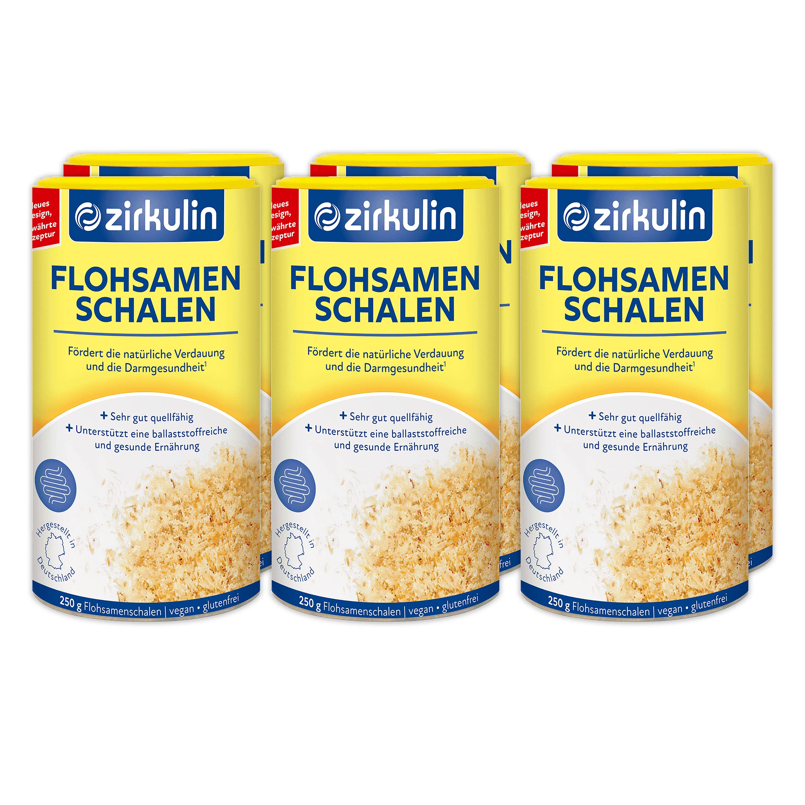 Zirkulin Flohsamenschalen, reich an hochwertigen Ballaststoffen, vegan, glutenfrei geschmacksneutrales Nahrungsergänzungsmittel zur Unterstützung der natürlichen Verdauung, (6 x 250g)