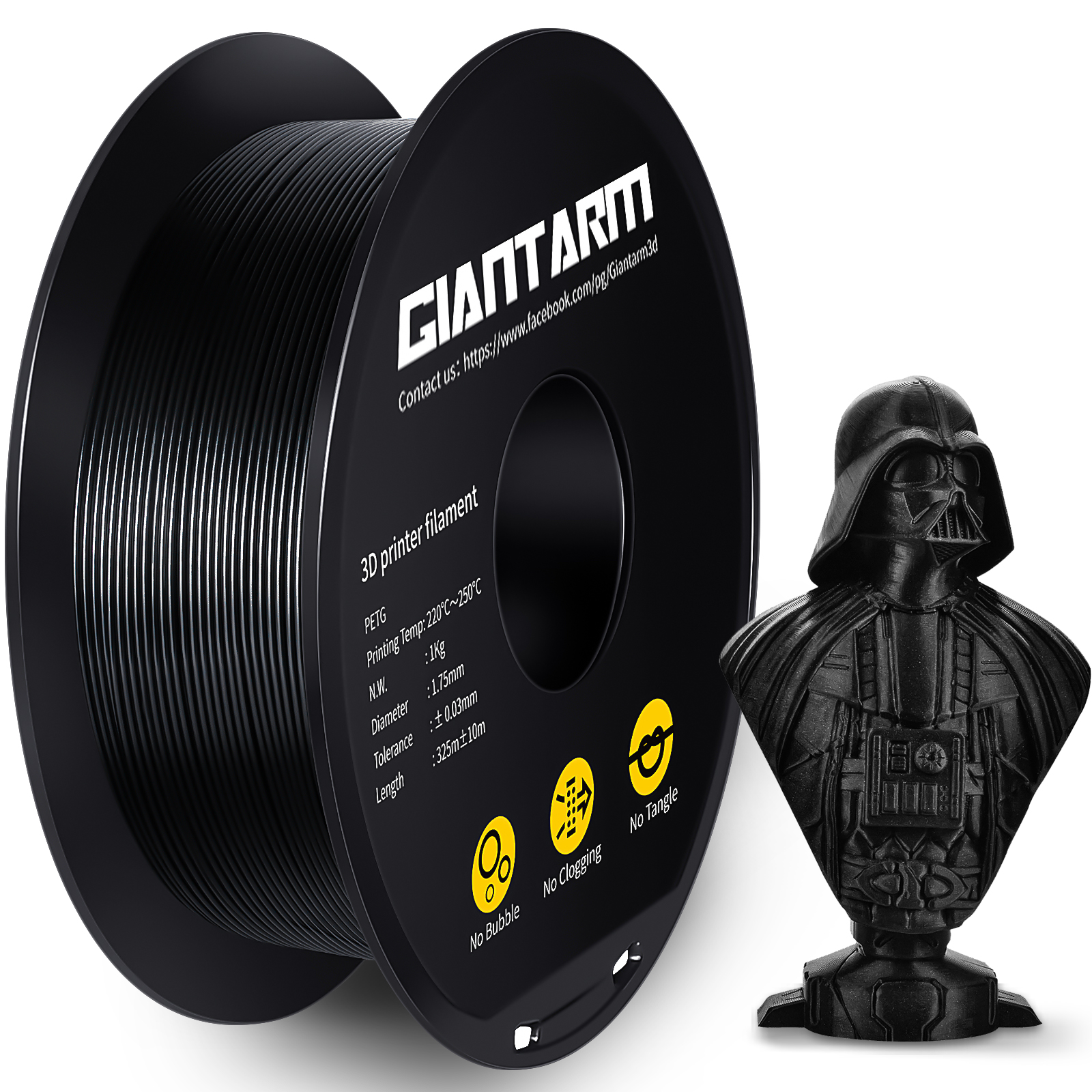 Image of GIANTARM 3D Printer Filament, Black Pla Filament, 1Kg(2.2lbs) Spool, 1.75mm Dimension Accuracy + /- 0.03mm, 3D Printing Filament, Dark Black