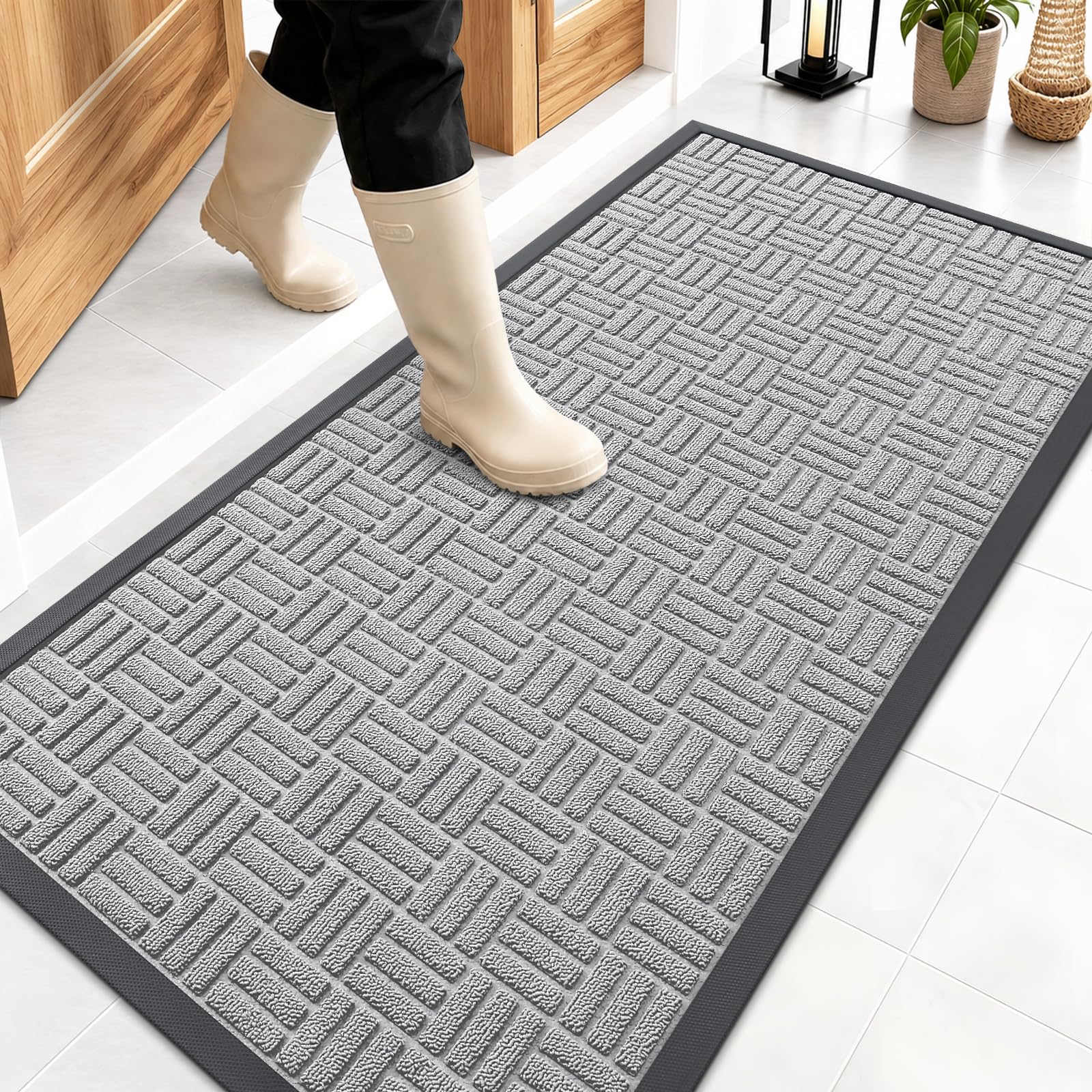 OLANLY Front Door Mat Outside Entrance 47x23, Heavy-Duty Rubber Doormat | Light Gray, Stain and Fade Resistant, Non-Slip Backing, Low-Profile Indoor Outdoor Floor Mat for Entryway, Easy to Clean