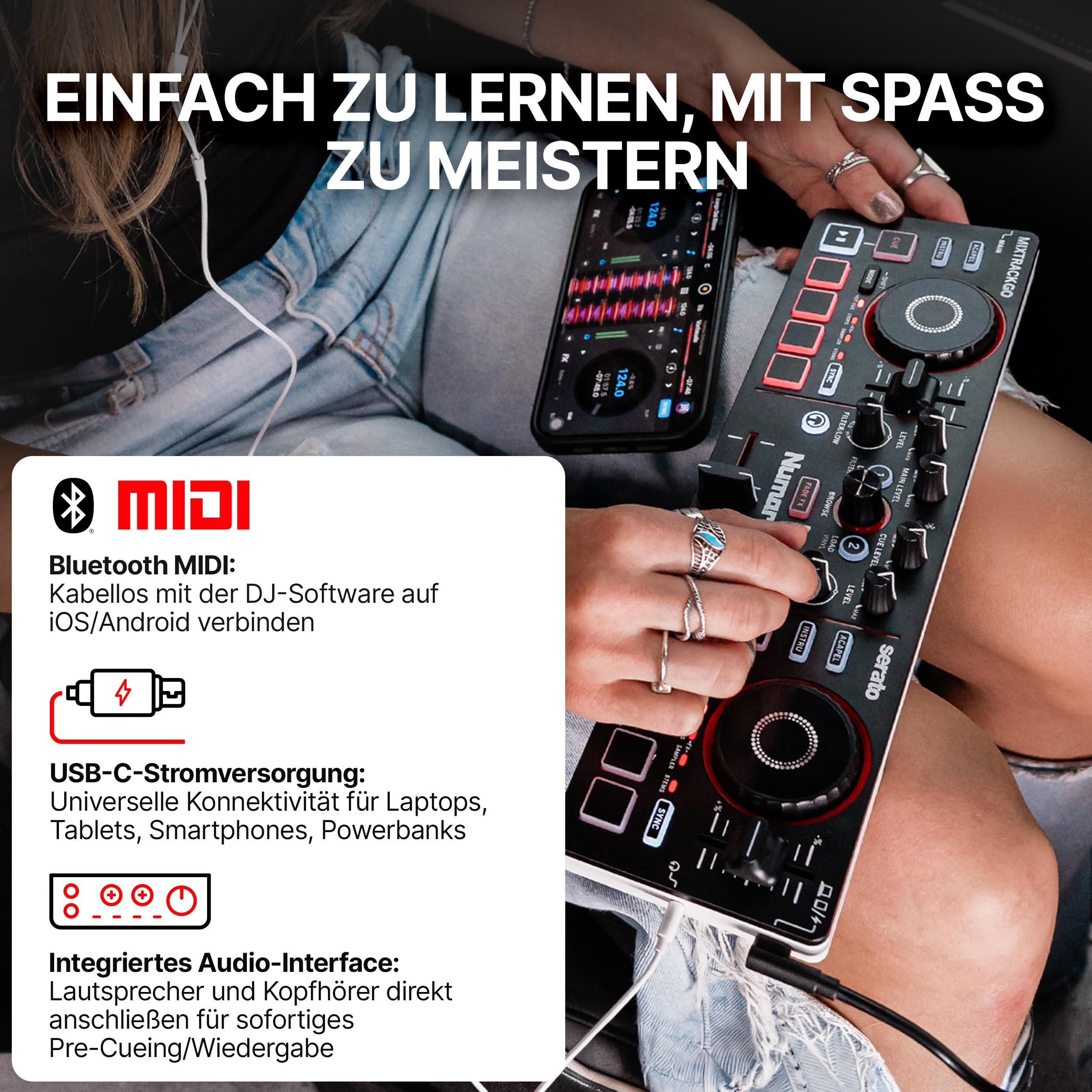 Numark Mixtrack Go Kompakter Bluetooth-DJ-Controller mit Stems-Control | 2-Deck-DJ-Mixer, für Anfänger & mobile DJs, Smart Fader, USB-C, Serato DJ Lite & Algoriddim djay, Gen 4