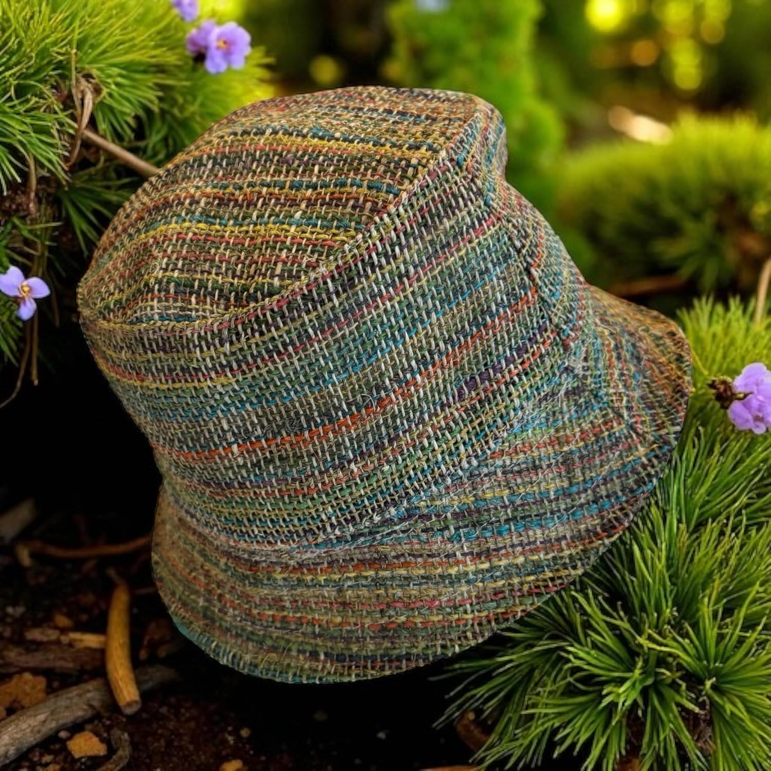 Handmade Hemp Bucket Hat, Multicolor Striped, Natural Woven Summer Beach Sun Hat, Unisex Boho Style