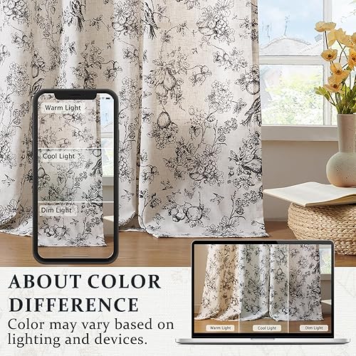 Miniatura 8 de Vangao Cortinas florales de mezcla de lino para sala de estar, 63 pulgadas de largo, cortinas negras sobre beige, pestañas traseras, filtro de luz,