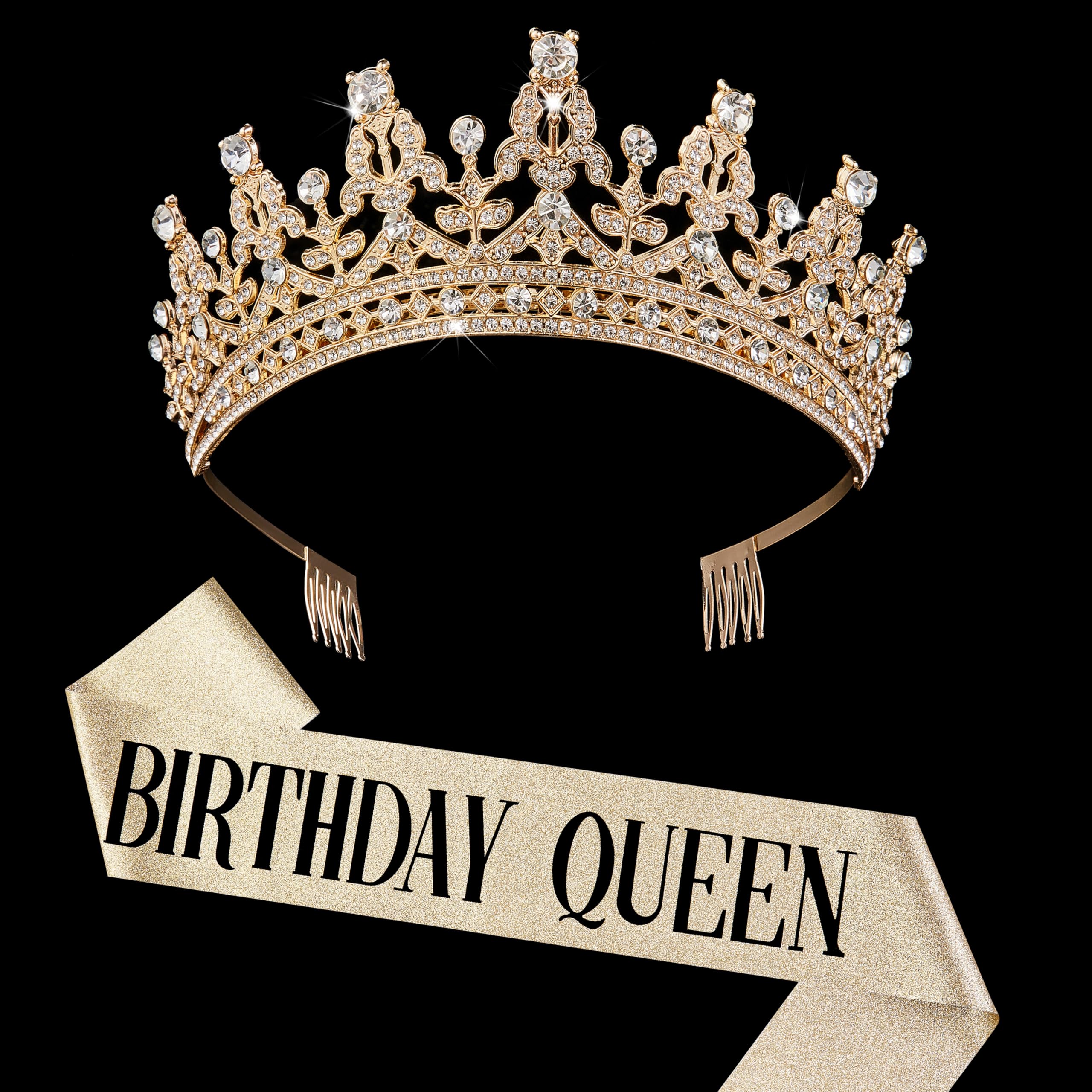 Gold Crown for Women Birthday Queen Sash & Rhinestone Tiara Set