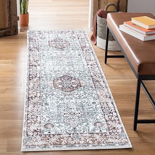 Bloom Rugs Caria - Alfombra lavable antideslizante de 7 pies, color beigemarrón, alfombra tradicional para entrada, pasillo, baño y cocina, tamaño