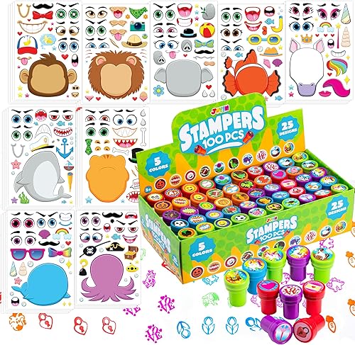 JOYIN 36 hojas de calcomanías para hacer cara y 100 sellos surtidos para niños, sellos de tinta automática para rellenar huevos de Pascua y
