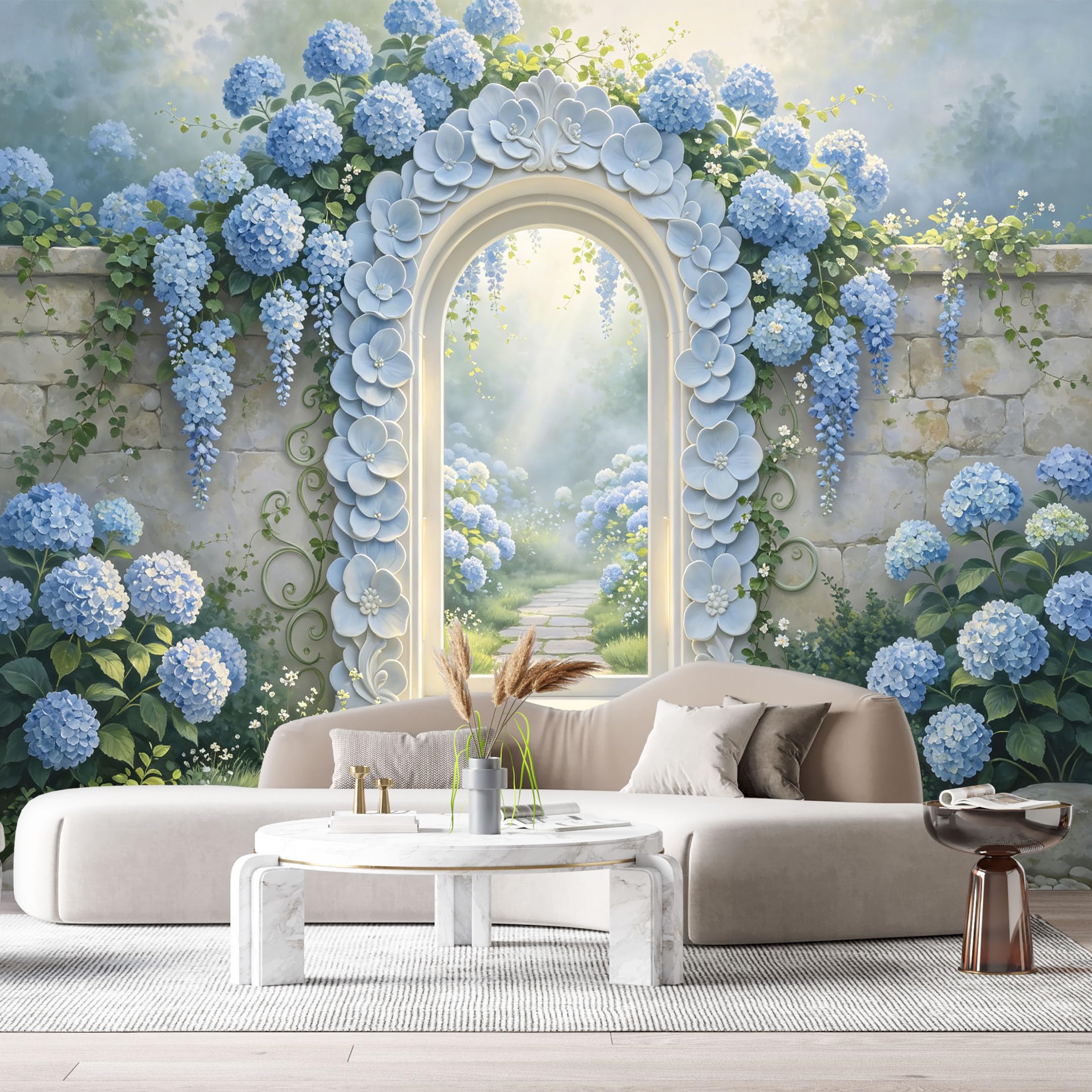 Custom Size Wall Murals Blue Hydrangea Flower Archway Stone Path 3D Trompe L'Oeil SelfAdhesiveWall Fabric Removable Wallpaper Wall Decor for Living Room Bedroom Bathroom