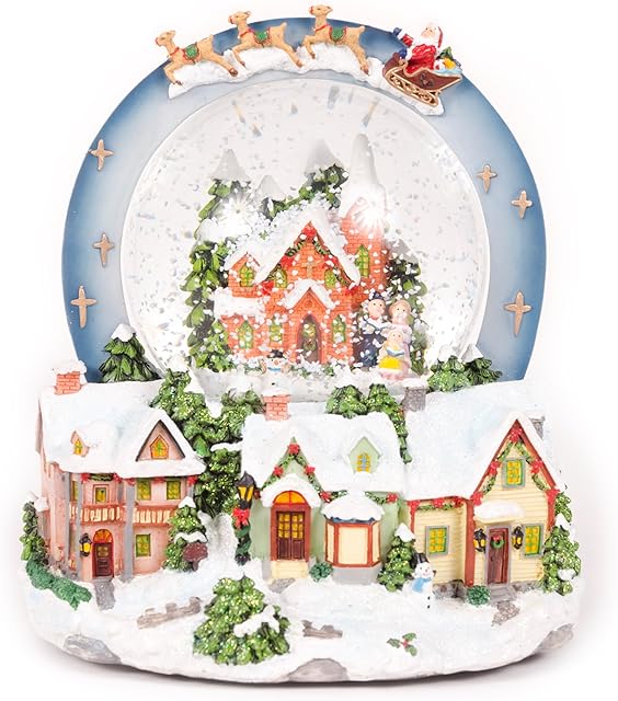 WeRChristmas Scene Musical Animated Snow Globe Christmas Decoration-20cm, Yellow|Beige|White