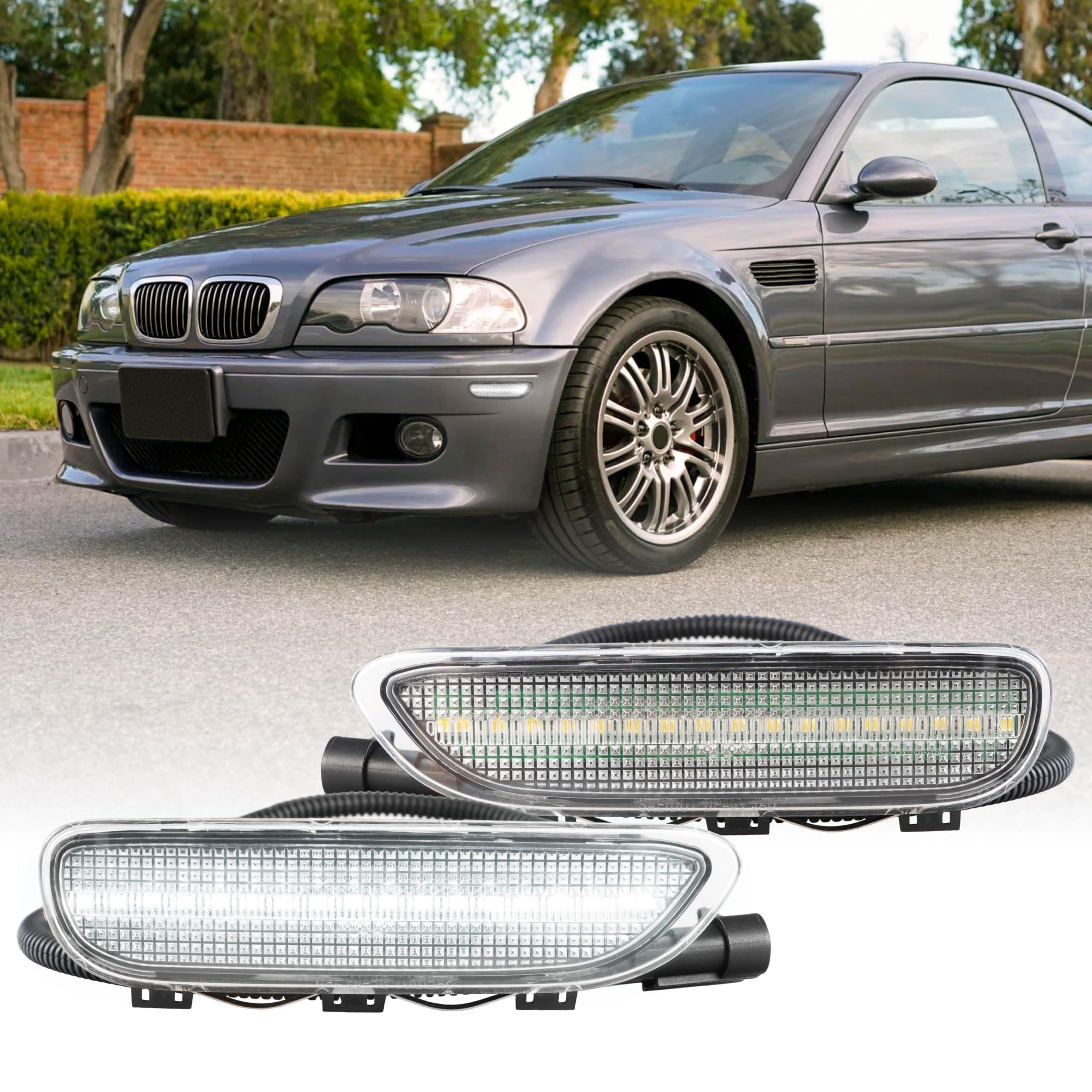 USR 00-03 E46 3 Series 2 Door Front Bumper LED Side Marker Light (Left + Right) Pair - Compatible with 2000-2003 BMW 3-Series Coupe and Convertible / 2001-2006 E46 M3 2D (WHITE LED with CLEAR LENS)