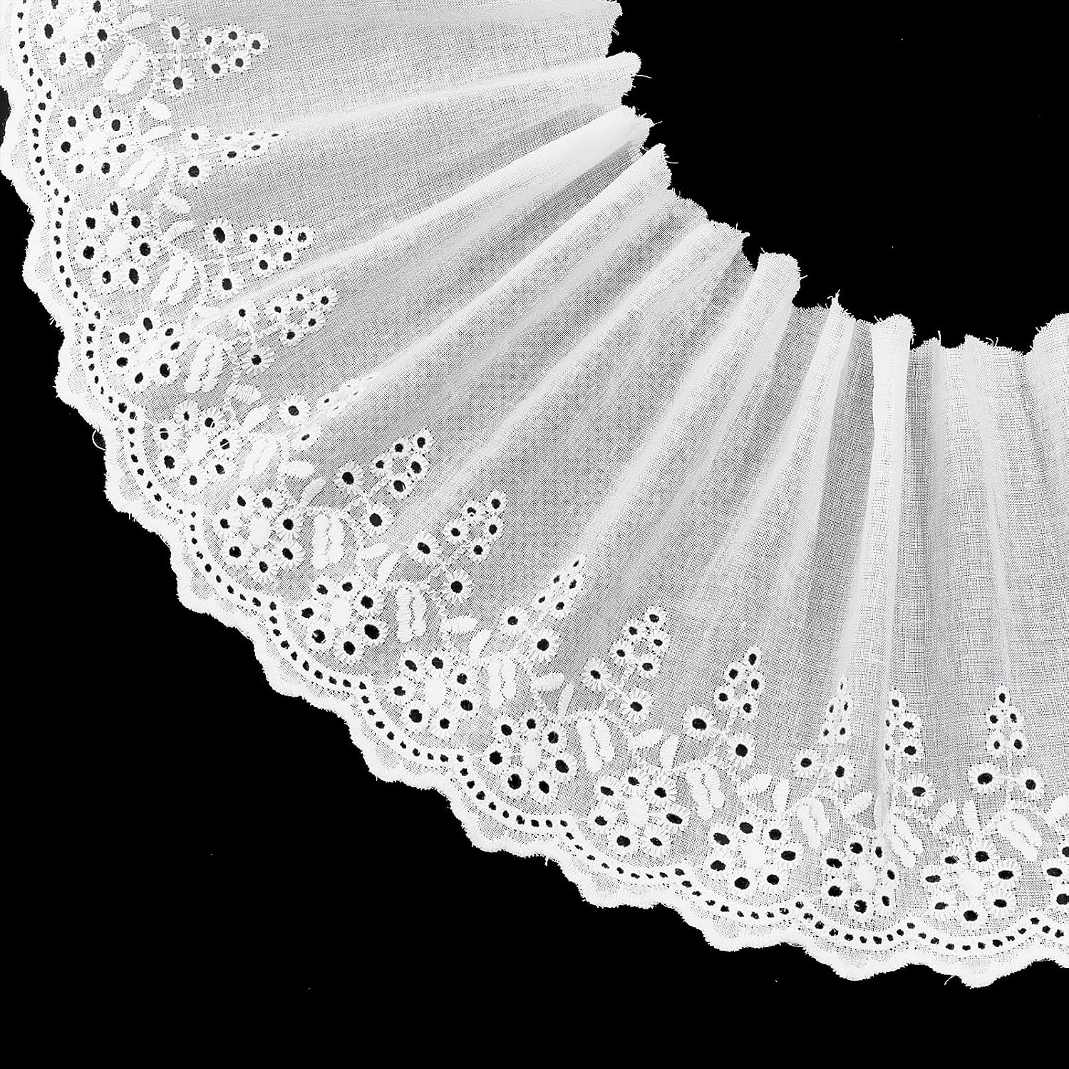 5 Yards White Cotton Eyelet Lace Trim, 4.7 Inch Wide Vintage Embroidery Ruffle Ribbon, Wavy Edge Flower Embroidered Laces for Sewing Dresses Bag Pets Clothes Apron