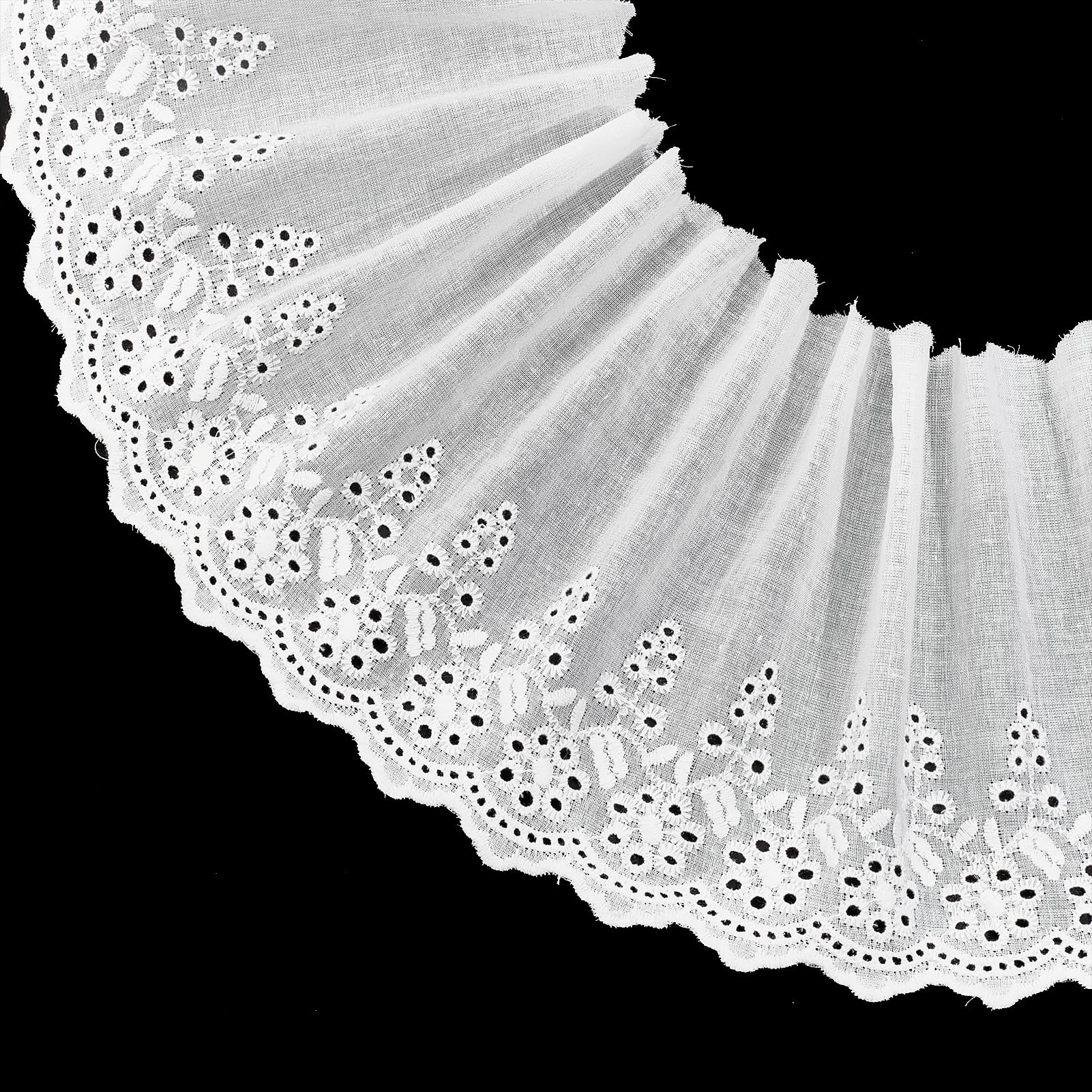 letsinstyle 4 Yards Beige Eyelet Cotton Ruffle Lace Trim, 5.5 Inch Wide Flower Ruffled Lace Edge Ribbon, Gathered Fabric Trims for Cuffs Skirt Dress Sewing DIY Material