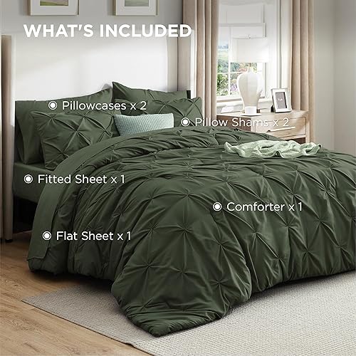 Miniatura 9 de Bedsure Queen Comforter Set Olive Green - Bed in a Bag Queen Size Bedding 7 Pieces, GentleSoft™ Pintuck Bed Set Gift for Family, Pinch Pleat All 19
