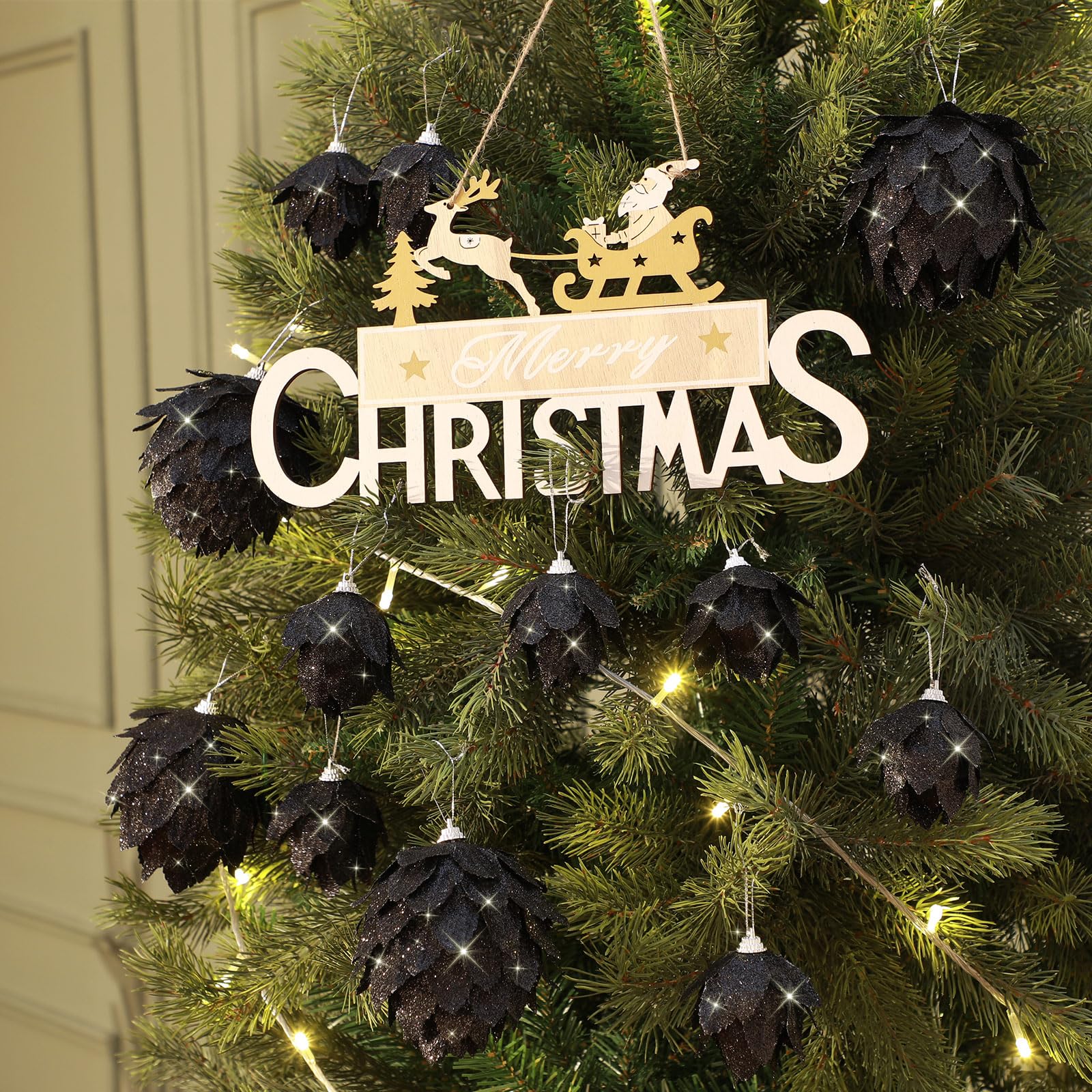 Syhood 12 adornos de bolas de Navidad con purpurina, decoración de árbol de Navidad, bolas de piña colgantes, conos de pino rústicos para Navidad, fiesta de invierno, vacaciones, boda, decoración del