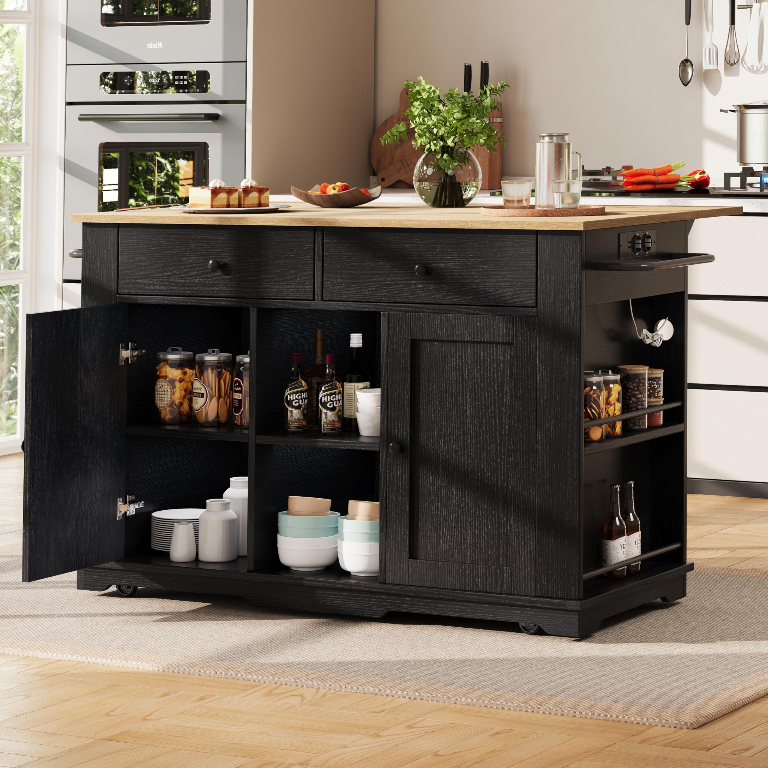 Kücheninsel mit Rollen, Mobile Küchenschrank mit Steckdosenleiste Ausgestattet, Küchenkommode mit Klappbarer Arbeitsplatte, Küchen Sideboard, für Esszimmer, 151,5cm, Holzmaserung, Schwarz