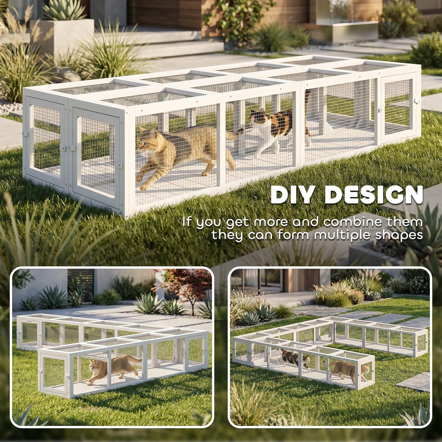PawHut Outdoor Cat Tunnel with Extendable Design, 79" L Wooden Cat Run with Weather Protection, Connecting Inside and Outside, for Deck Patios, Balconies, White
