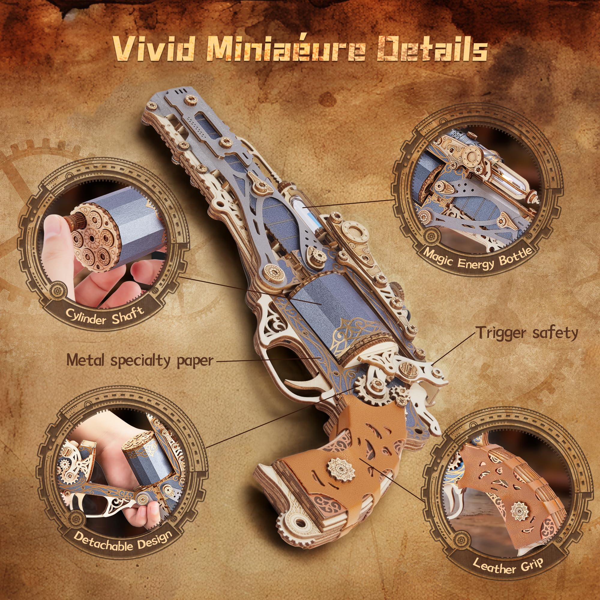 FUNPOLA Puzzle 3D de Madera Revólver Steampunk – Kit de Montaje DIY de revólver mecánico, Regalo Creativo y único para Adultos y Adolescentes (Negro)