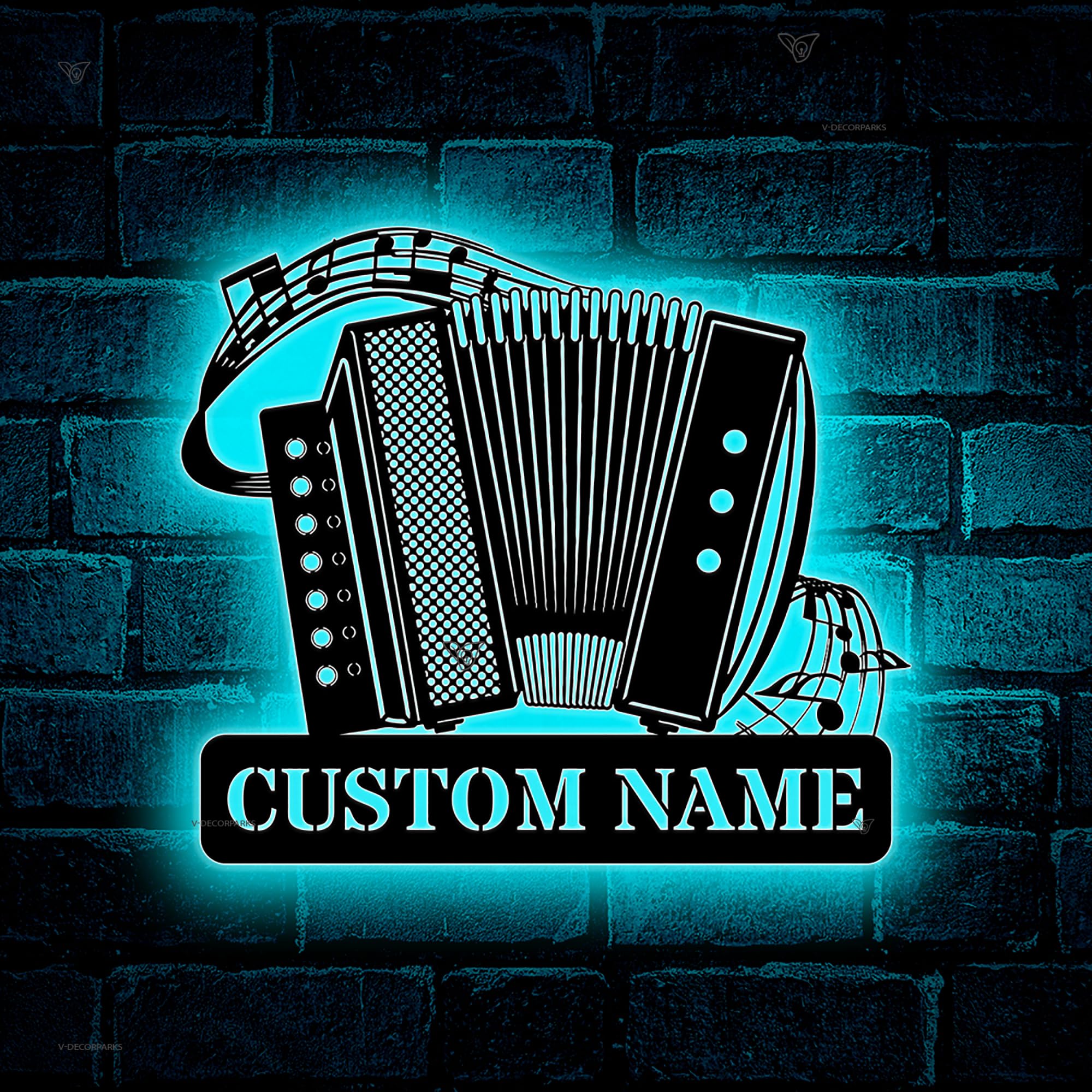 Musical Instrument Metal Wall Art LED Lights, Custom Accordion Name Plaque Decorative Sign - Music Metal Sign Wall Decor, Welcome Sign Studio