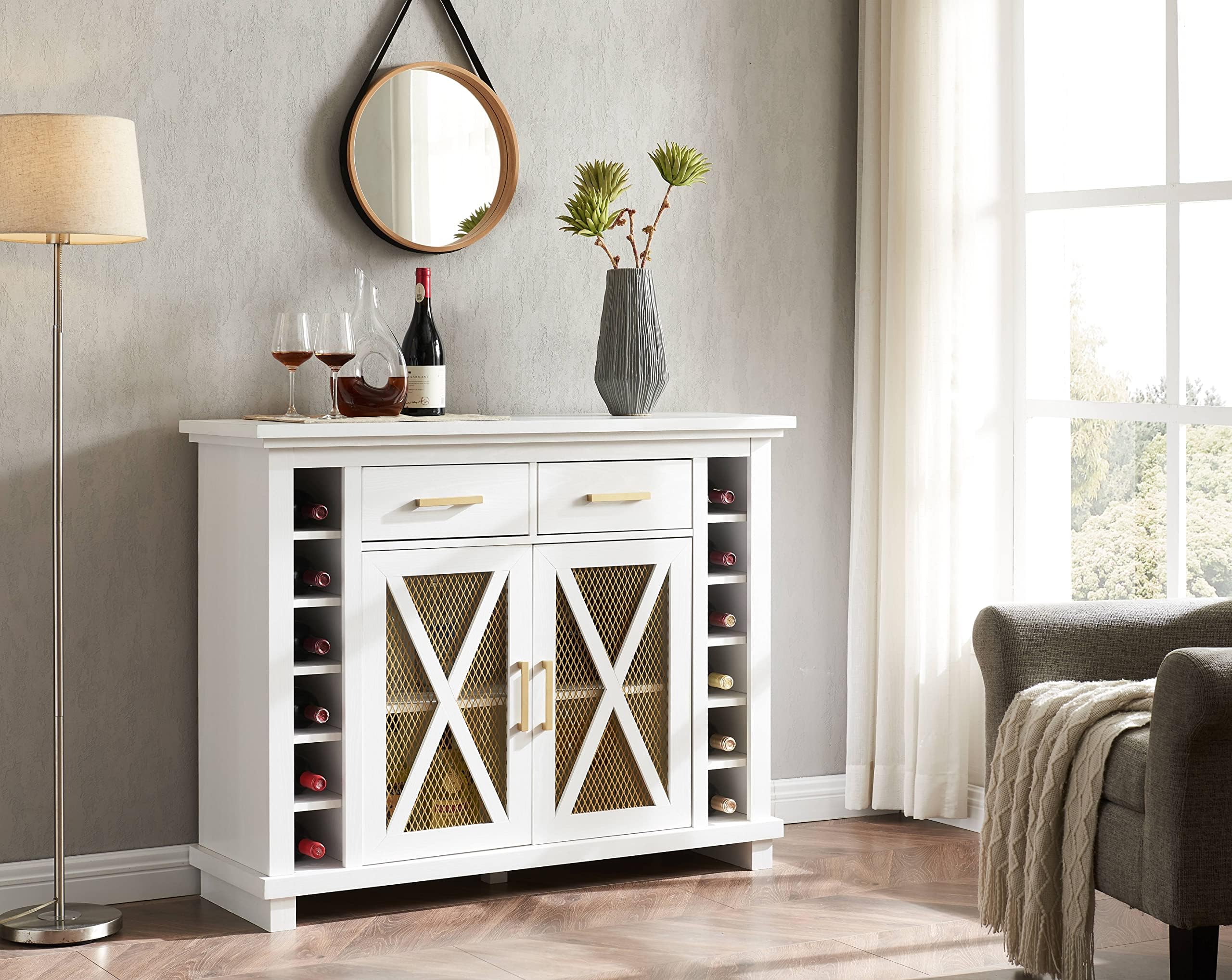 Home Source White Console Bar Cabinet with Gold Trim