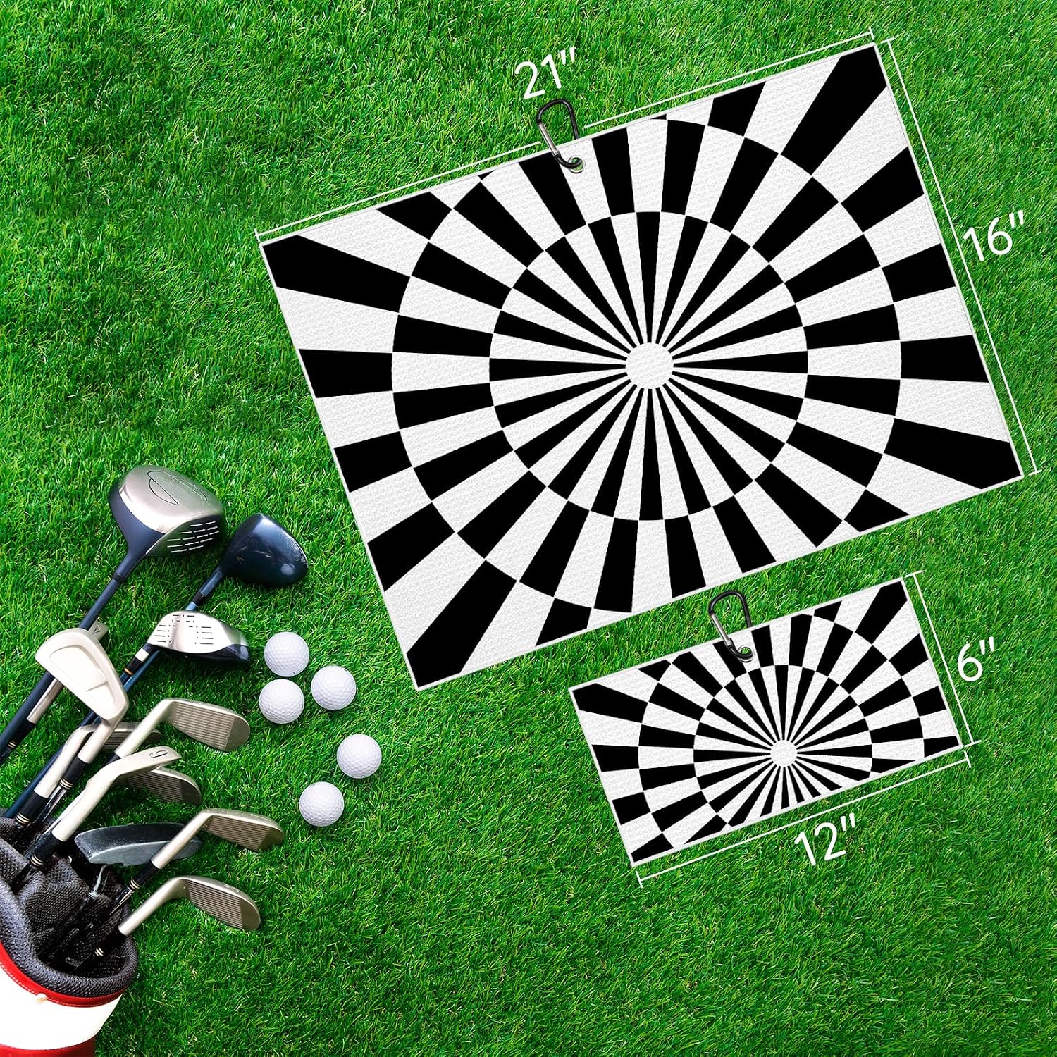 Black White Radial Sunburst Golf Towels for Golf Bags Carts 2 Pack Dynamic Graphic Checkered Print Microfiber Waffle Pattern Towel with Carabiner Clip for Men Women Golf Cleaning Towel
