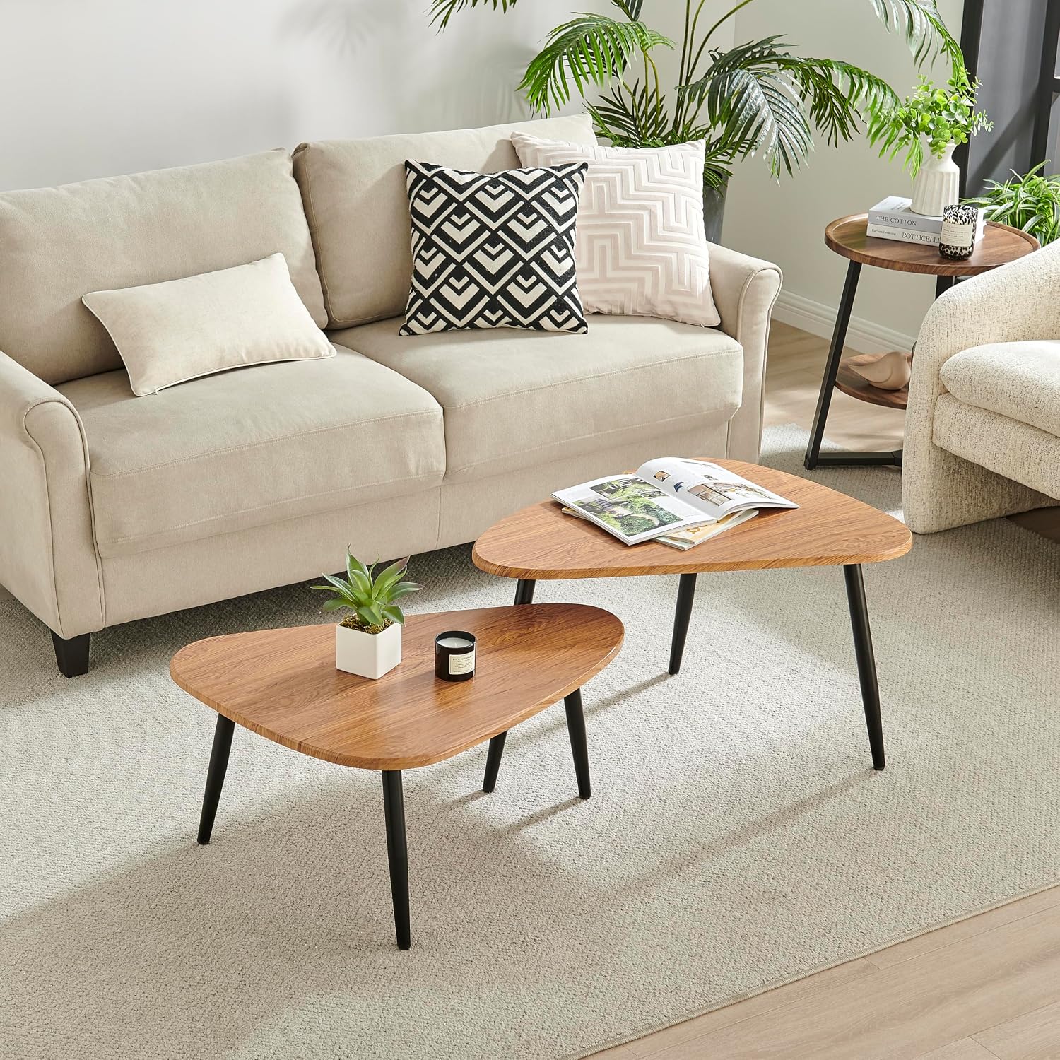 Aurora Asymmetrical Modern Oval Teardrop 2 Piece Semi-Nested Modular Coffee Table Set (Natural Brown/Black)
