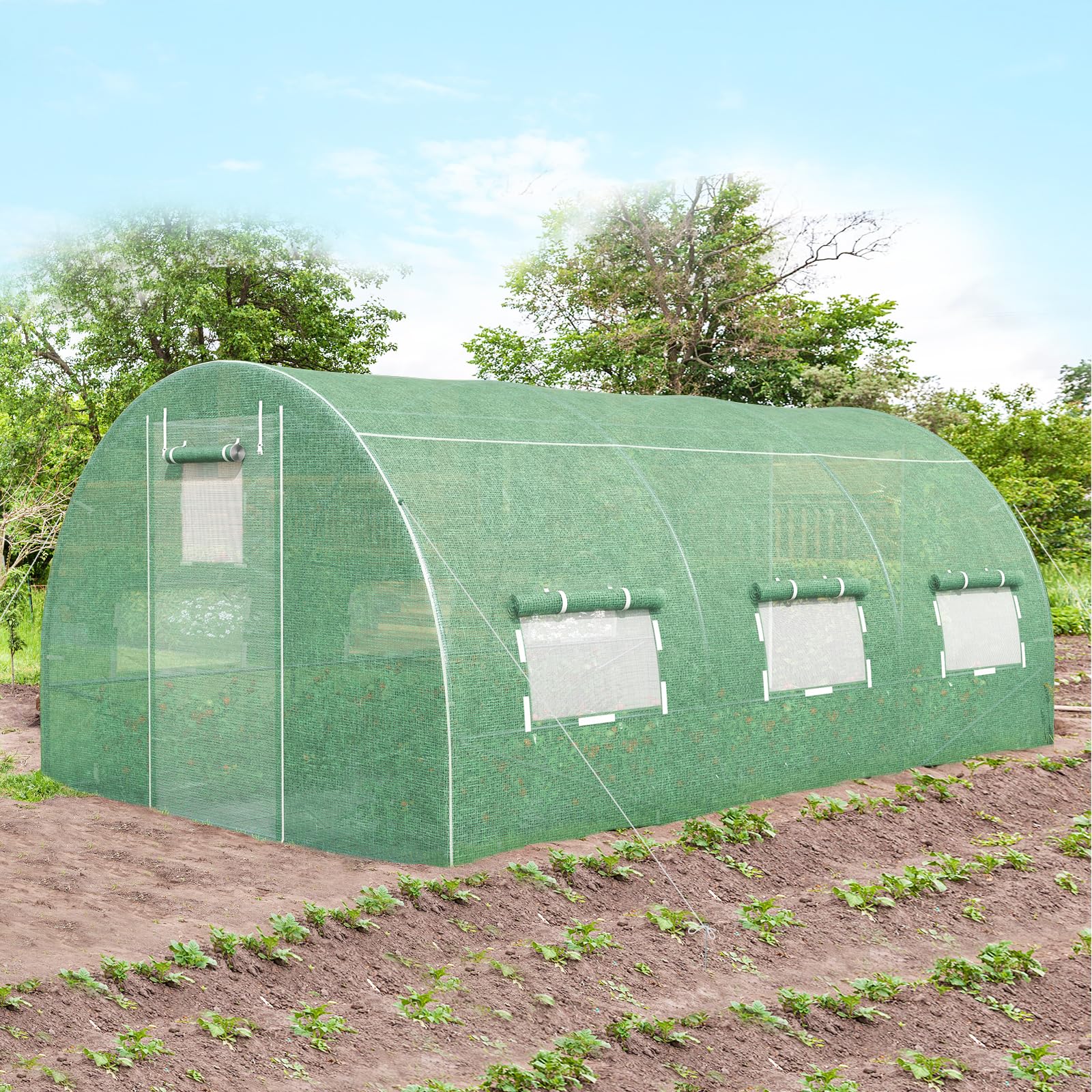 COSTWAY Invernadero Túnel Exterior, 400 x 300 x 200 cm con 6 Ventanas Enrollables, 2 Puertas con Cremallera, Estructura de Acero Galvanizado, Carpa de Jardín Resistente al Viento