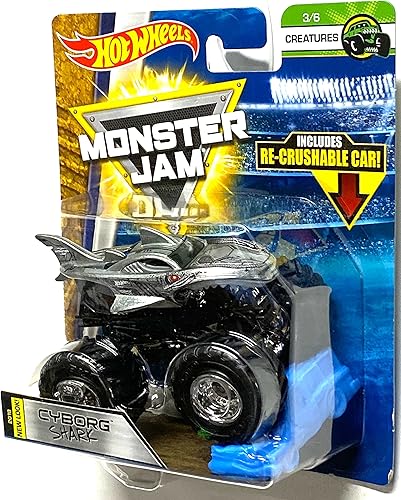 Miniatura 2 de Hot Wheels Monster Jam 2018 Creatures Cyborg Shark (con coche re-aplastable) escala 164