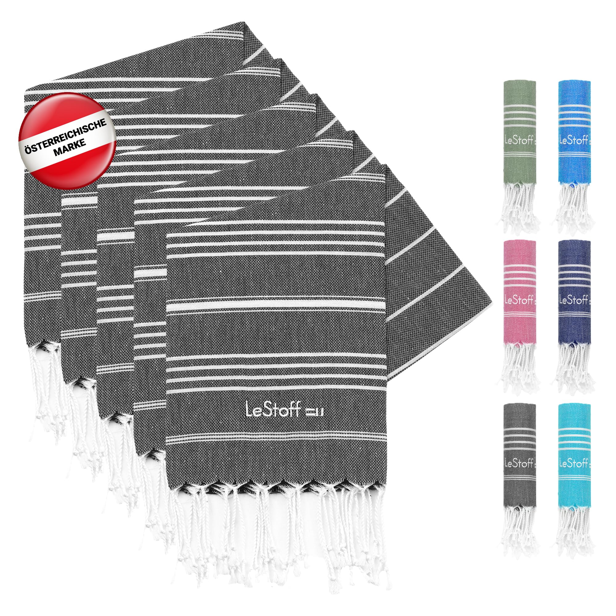 LeStoff 5er-Set Hamamtuch 50 x 100 cm – 100% Bio-Baumwolle, Vorgewaschen, Nachhaltig, Leicht, Saugstark & Schnelltrocknend - Handtuchset für Bad, Gäste, Gesicht, Sport, Reise, Camping (Schwarz)