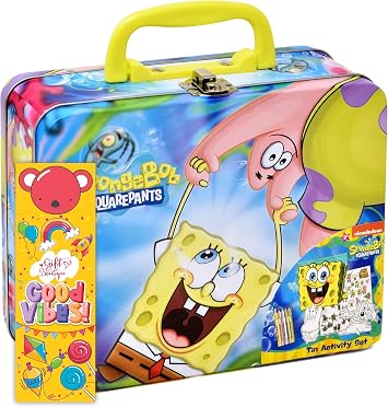 Spongebob Squarepants التلوين والنشاط صندوق القصدير للأطفال ، مع الطباشير والملصقات ولوحة الرسم ومجموعة أدوات الفوضى المجانية للأطفال الصغار والفتيان والفتيات المرجعية